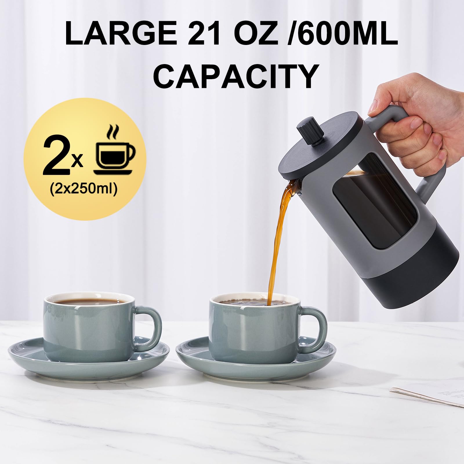 YOLIFE 21 oz French Press Coffee Maker - Heat-Resistant Borosilicate Glass, 4-Level Filtration System - Portable Coffee & Tea Press for Home, Office, Camping & Travel - Grey & Black Coffee Pot (Great Gift for Coffee Lovers)
