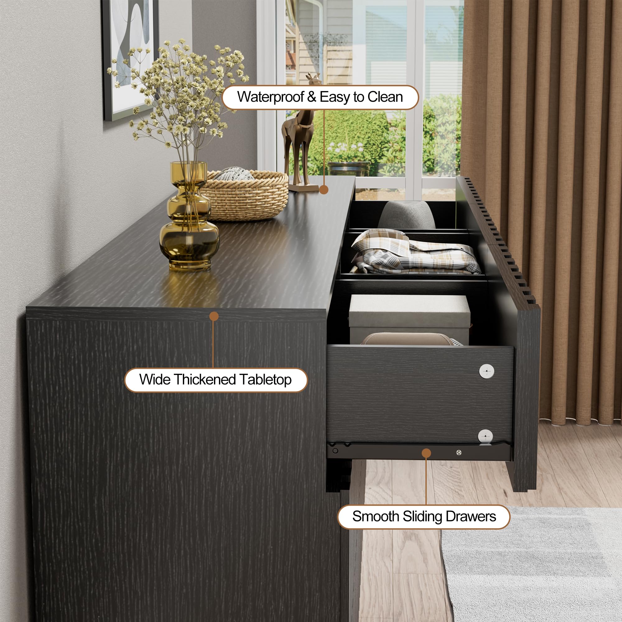 Black 9-Drawer Dresser and Nightstand Set - Modern Fluted Bedroom Chest of Drawers with Matching Nightstands (3-Piece) | Perfect for Master Bedroom, Guest Room & Apartment Furniture