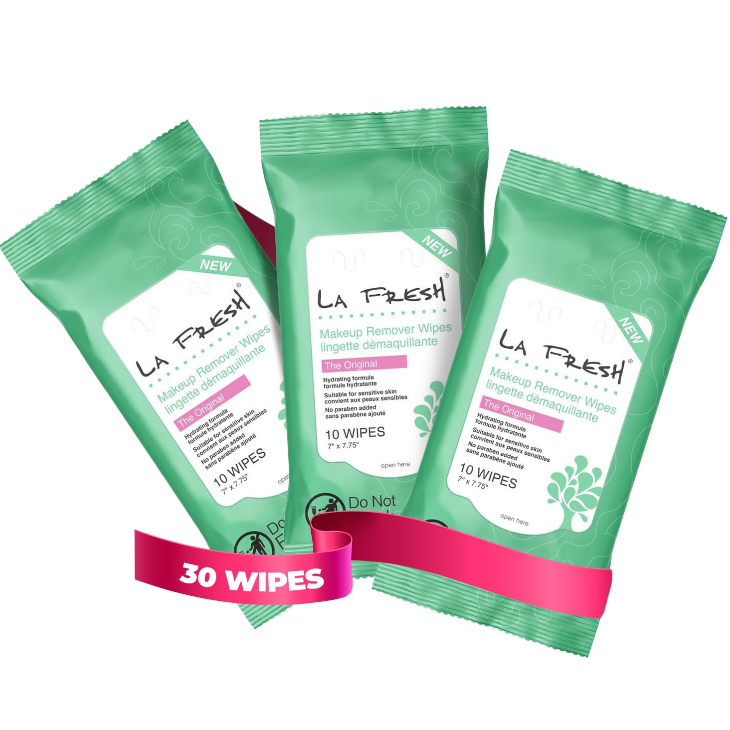 LA Fresh Makeup Remover Wipes with Vitamin E - Gentle Cleansing Facial Wipes for Face, Eyes & Lips - Hypoallergenic, Travel-Friendly Pack of 3 (30 Count) - Perfect for Travel, Gym & Daily Skincare Routine