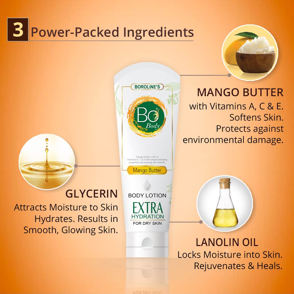BOROLINE Bo Body Lotion 100ml with Mango Butter & Ultra Smooth Night Cream 100g | 24-Hour Deep Moisturizer for Dry Skin - Enriched with Lanolin Oil & Glycerin (Pack of 2) | Hydrating Skincare for Nighttime & Daily Use