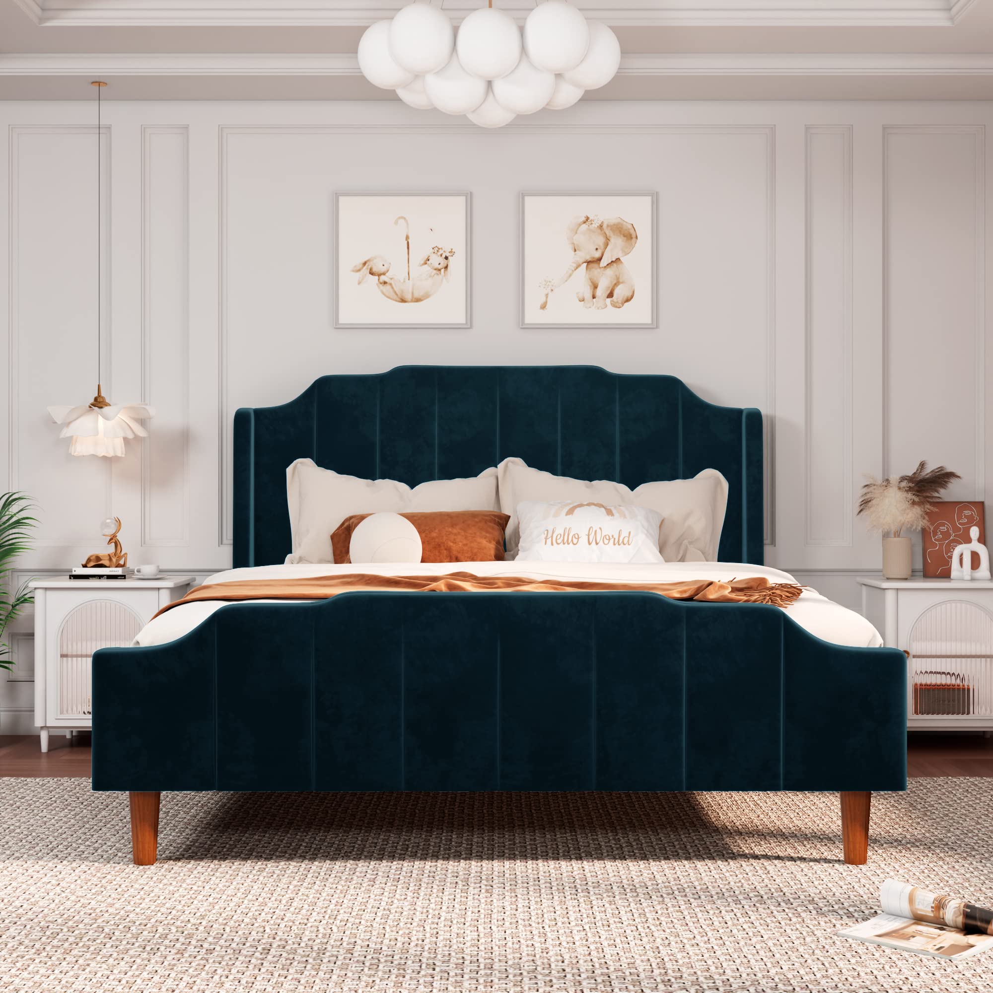 Allewie Queen Size Velvet Upholstered Platform Bed Frame with Vertical Headboard & Footboard - Solid Wood Legs, Sturdy Slat Support (No Box Spring Needed) - Easy Assembly in Navy Blue - Perfect for Modern Bedrooms & Guest Rooms