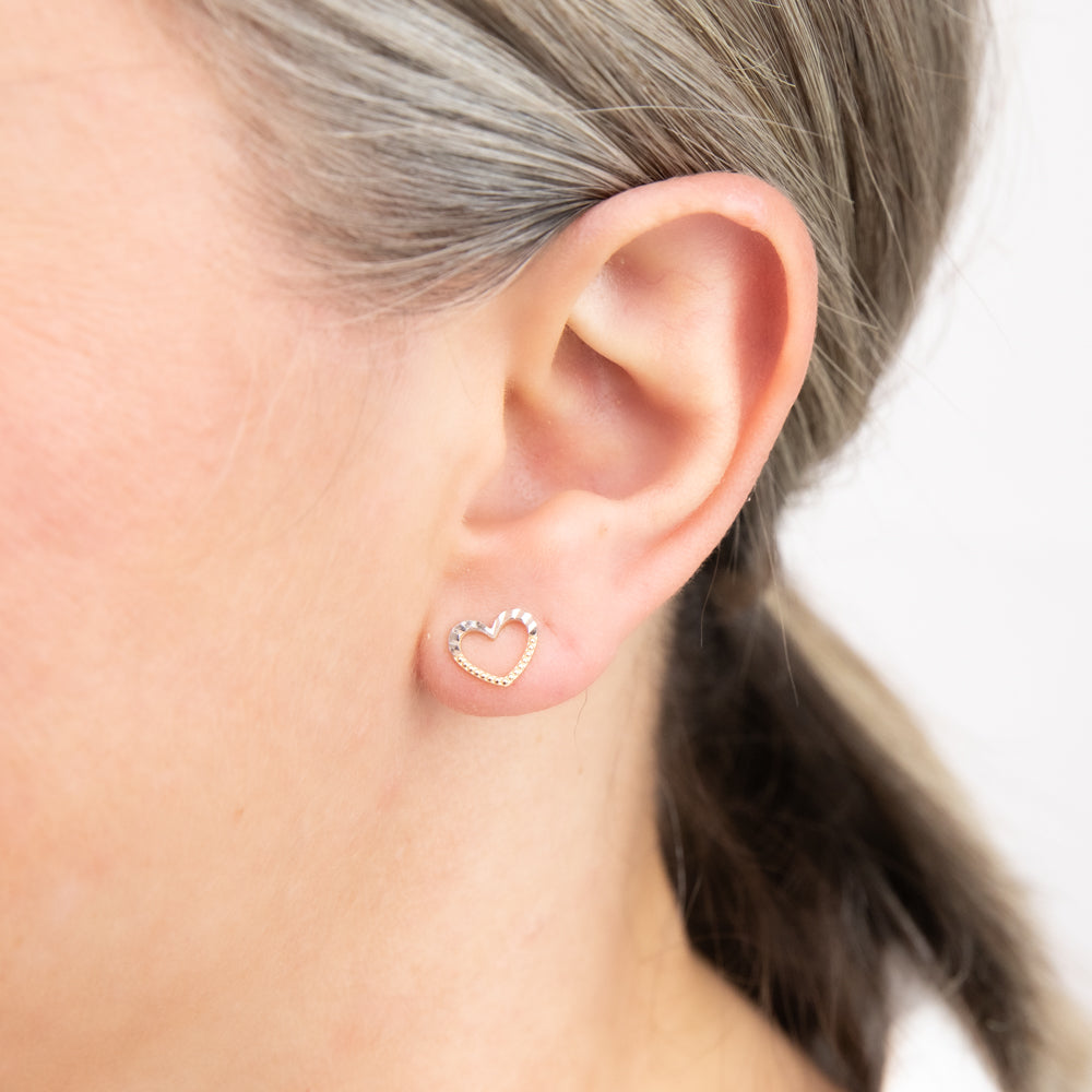 9ct Yellow and White Gold Small Open Heart Stud Earrings - Elegant and Dainty Jewelry for Women - Perfect for Valentine's Day, Anniversary Gifts, and Everyday Wear