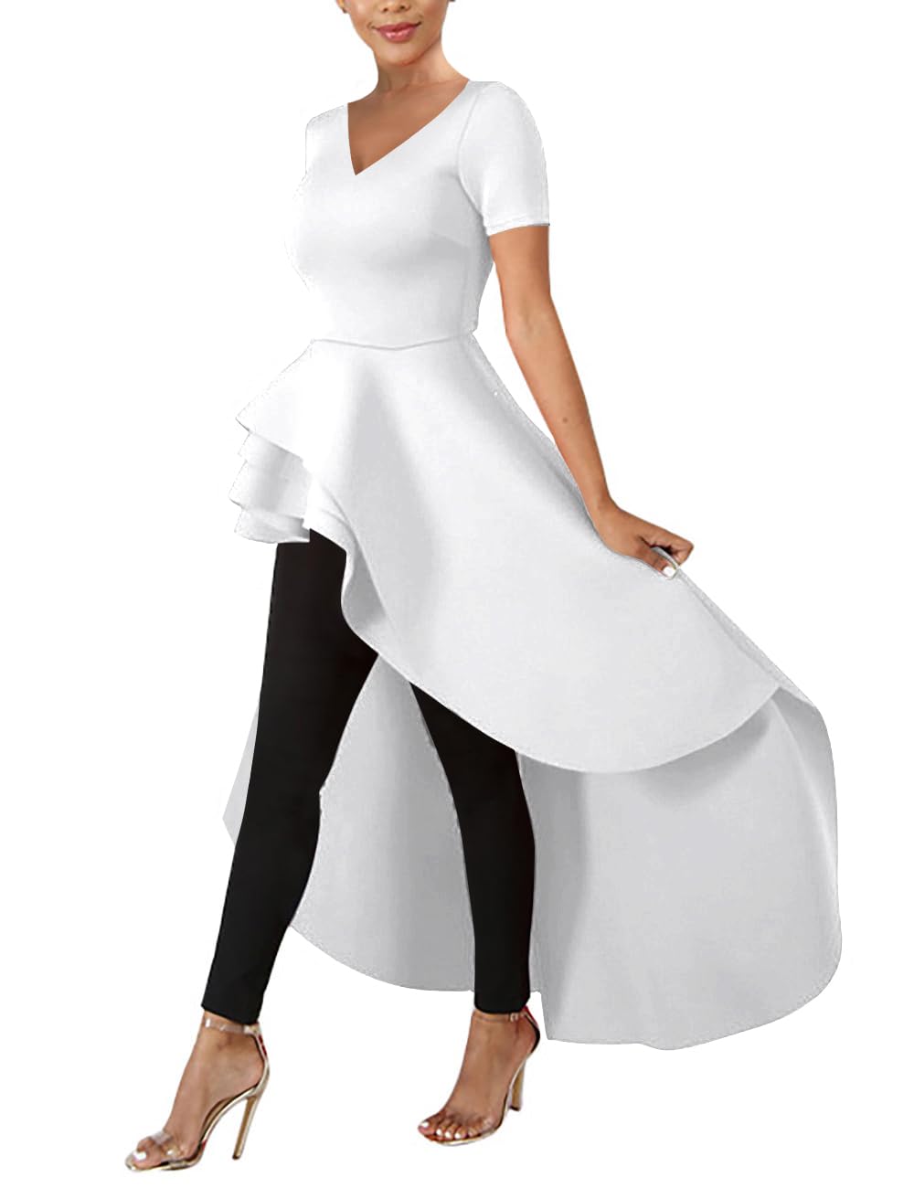 Lrady Women's V Neck Short Sleeve High Low Cocktail Party Dress - Peplum Tunic Top Shirt Dress for Night Out, Wedding Guest & Special Occasions
