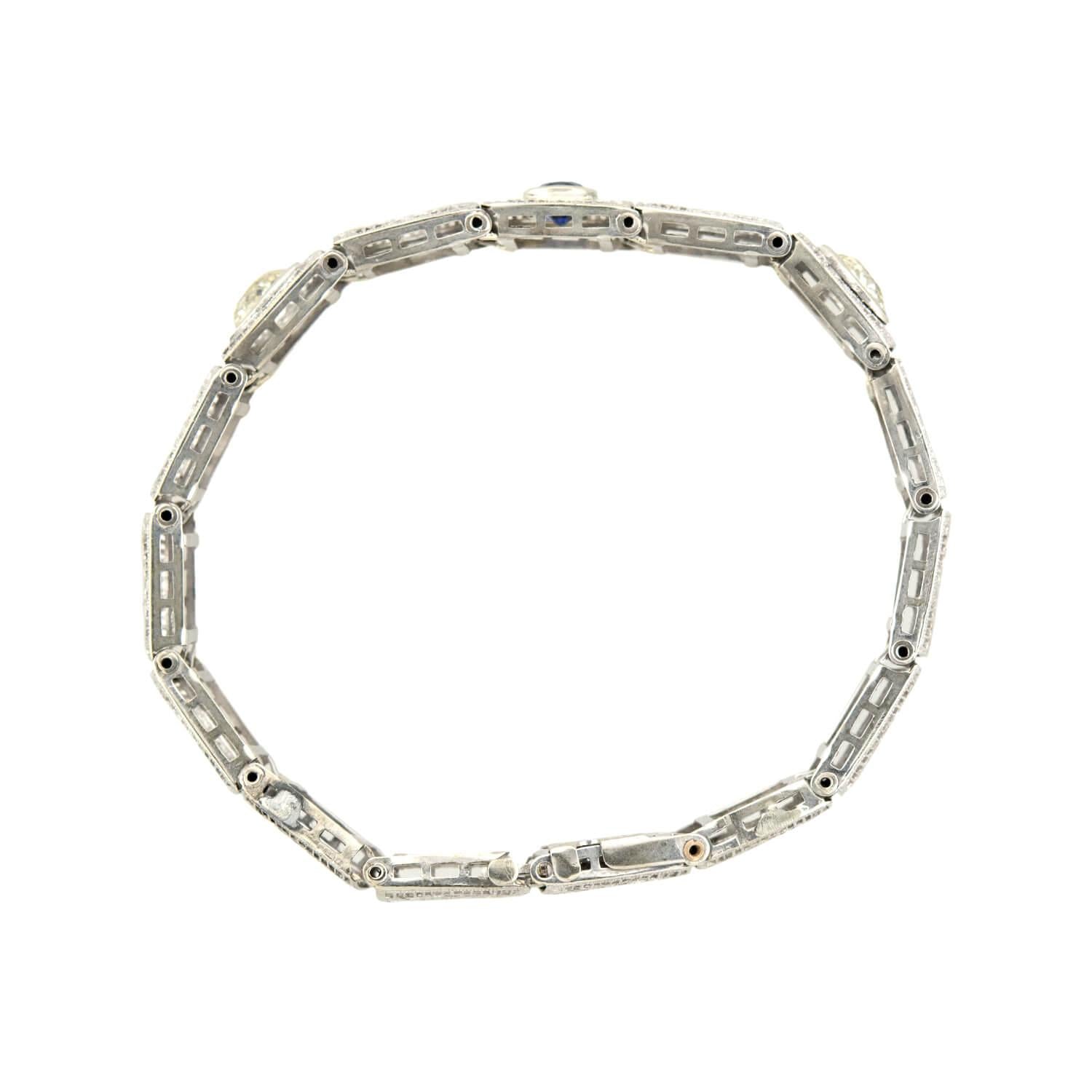 Art Deco 14k Gold Pear Cut Diamond & Sapphire Filigree Line Bracelet - Elegant Vintage Jewelry for Weddings, Parties & Special Occasions