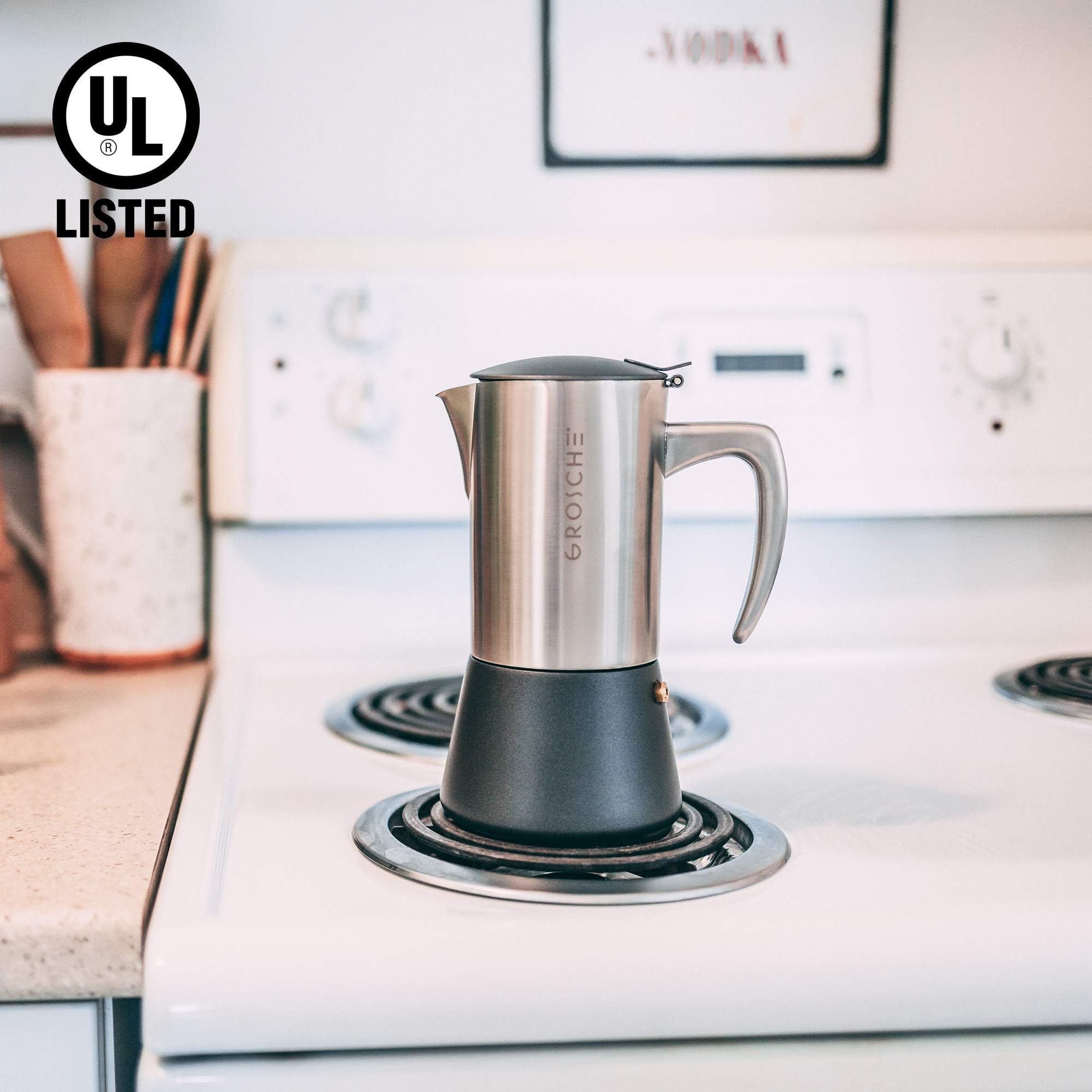 GROSCHE Milano Steel Stovetop Espresso Maker - 6 Cup Stainless Steel Moka Pot for Induction, Electric & Gas Stoves | Dishwasher Safe Italian Coffee Maker for Home, Office & Camping | Perfect Espresso Brewing for Coffee Lovers