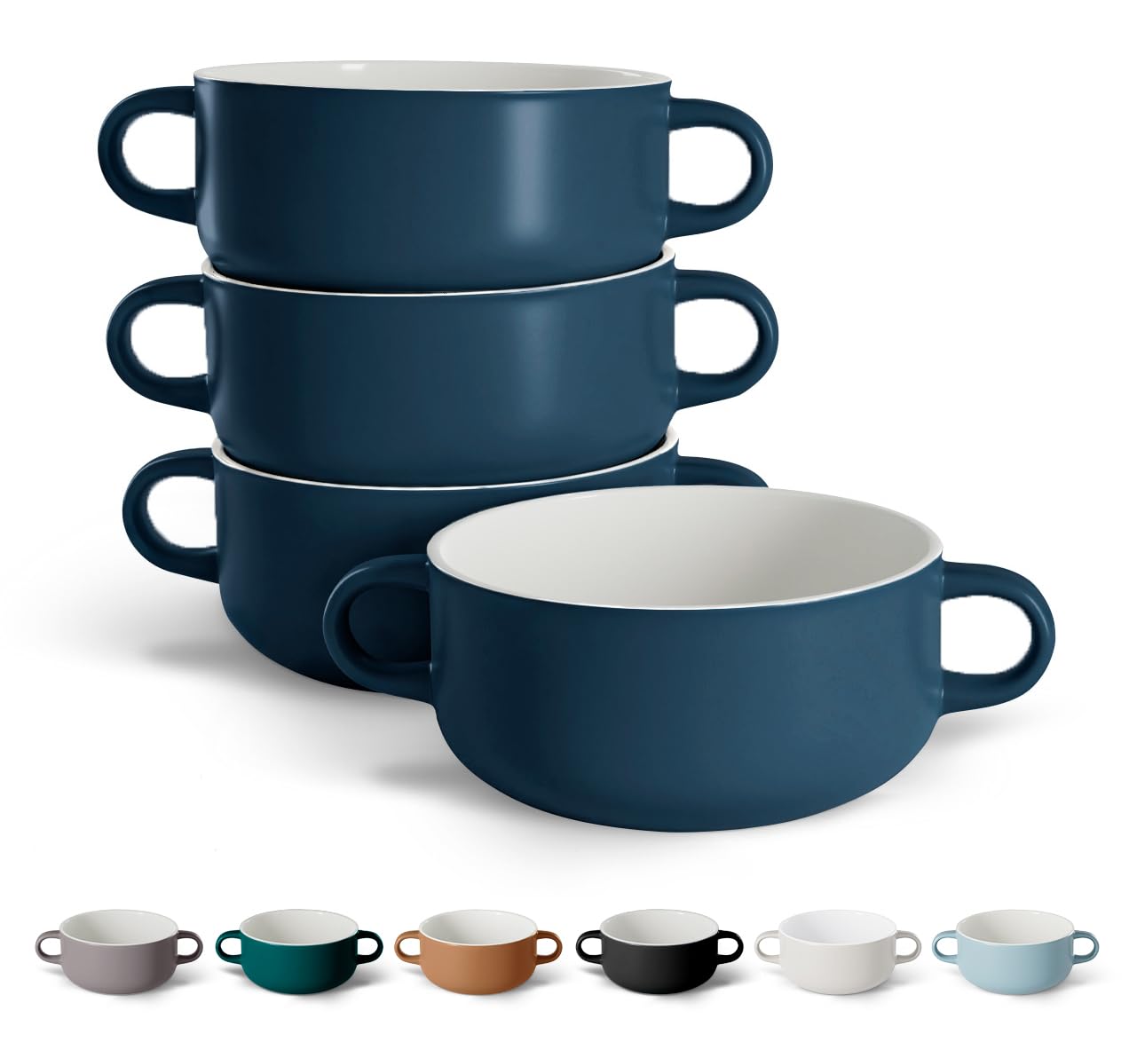 Kook Soup Crocks Set of 4 - 18oz Ceramic Bowls with Handles, Oven, Broiler, Microwave & Dishwasher Safe - Perfect for Casseroles, Pasta, Cereal - Ideal for Family Dinners, Meal Prep & Entertaining (Navy Blue)