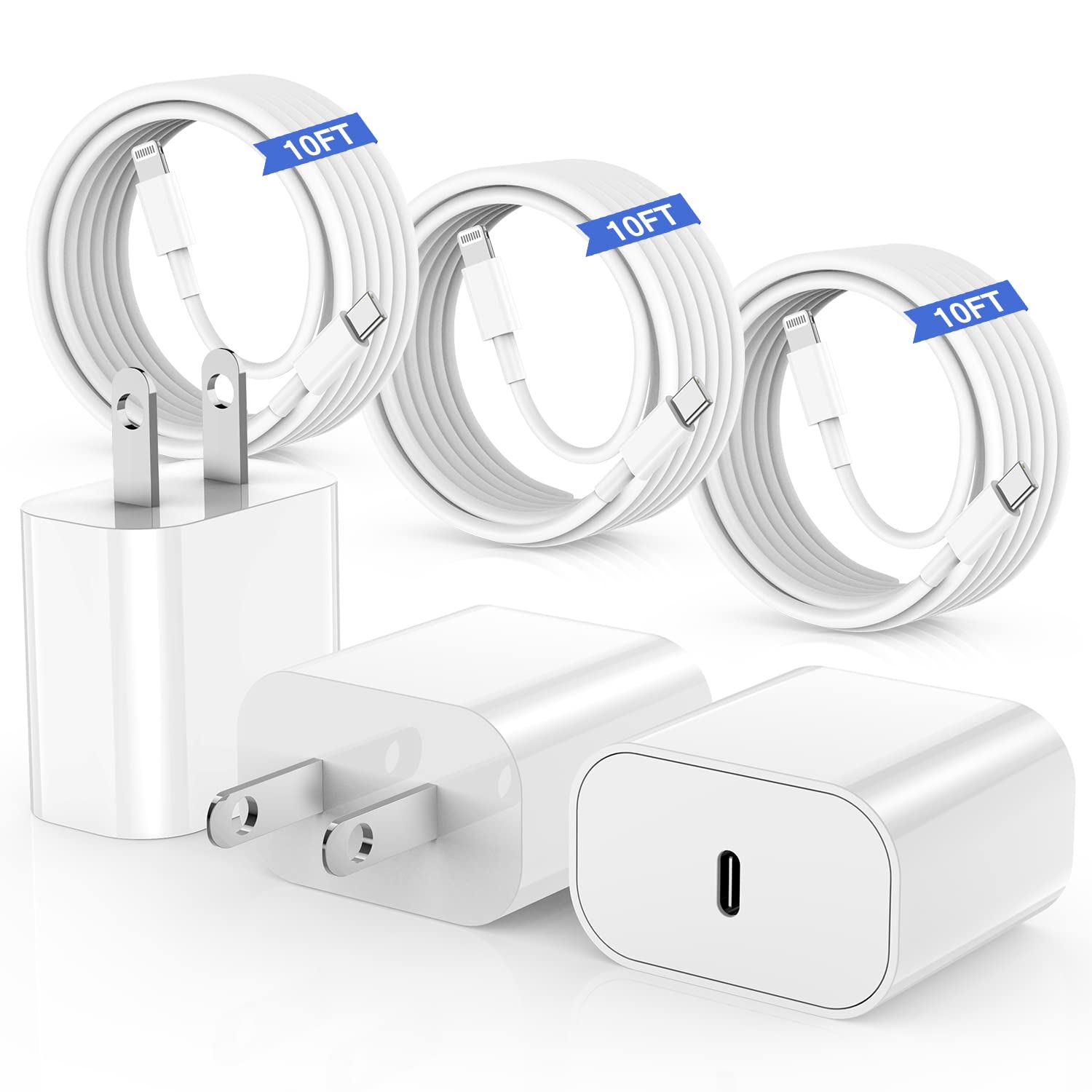 10ft iPhone Fast Charger Cable - 20W USB C Wall Charger with Type C to Lightning Cord for iPhone 14/13/12/11/Pro Max/Plus & iPad - 3 Pack - Perfect for Home, Office & Travel Charging