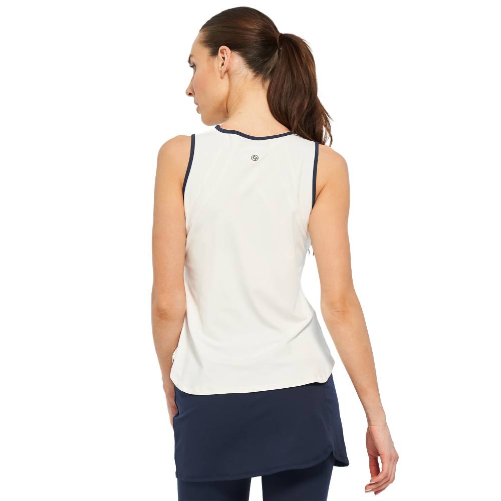 Lija Women's Elite Bea Tank Top - Breathable Workout Shirt for Yoga, Running & Gym - White/Dark Navy Athletic Wear for Active Lifestyles