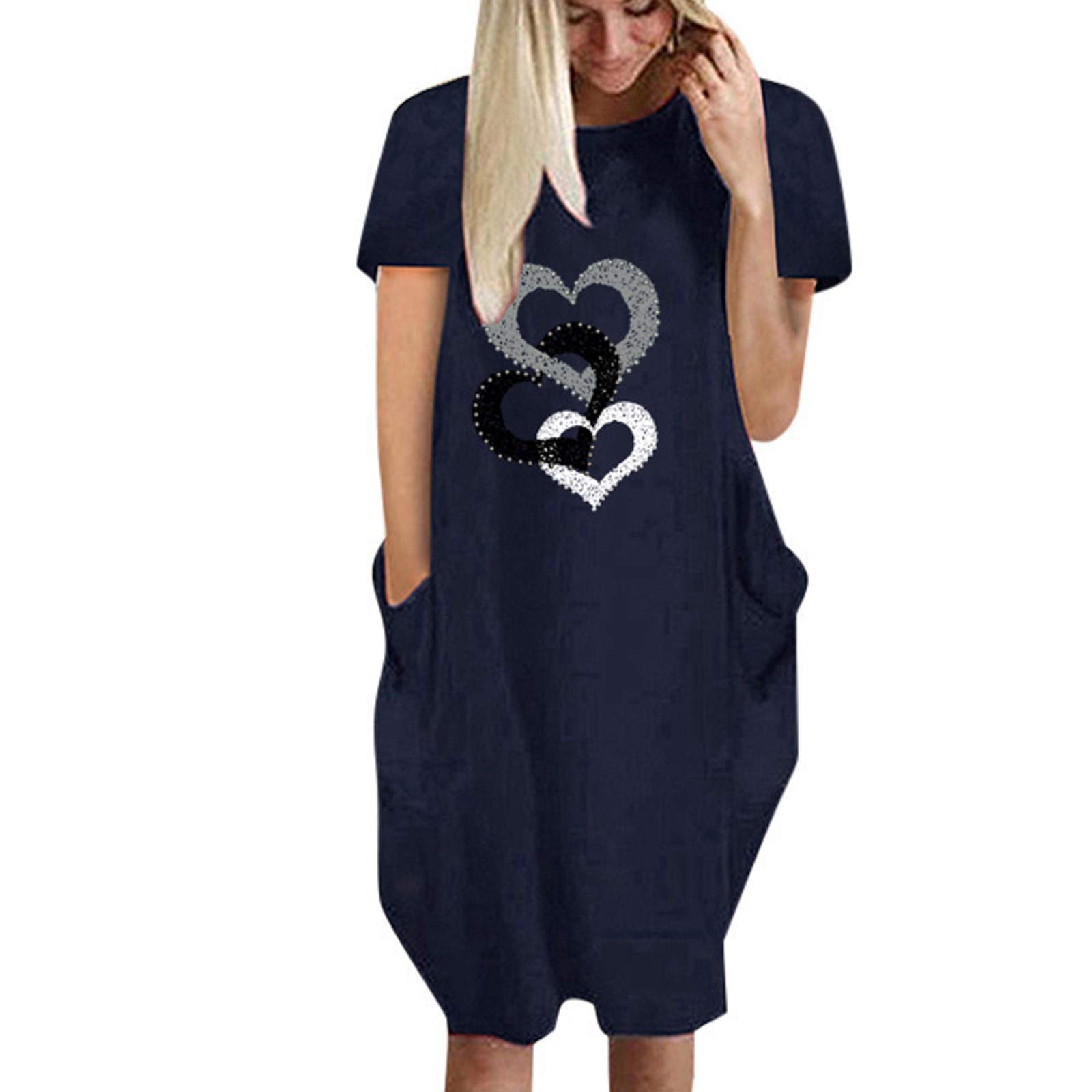 BFAFEN Plus Size Summer Dress for Women - Floral Heart Print Midi Dress with Round Neck & Short Sleeves, Casual Loose Shirt Dress for Beach, Vacation & Everyday Wear