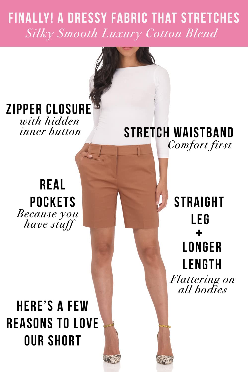Rekucci Women's Cotton Blend Bermuda Shorts - 8 Inch Inseam Walking Shorts with Pockets | Casual Summer Shorts for Beach, Travel & Outdoor Activities
