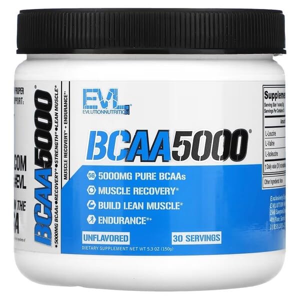 EVLution Nutrition BCAA 5000 Powder - Unflavored Branched Chain Amino Acids Supplement for Muscle Recovery & Growth - 150g for Athletes & Fitness Enthusiasts - Perfect for Pre/Post Workout & Training Sessions