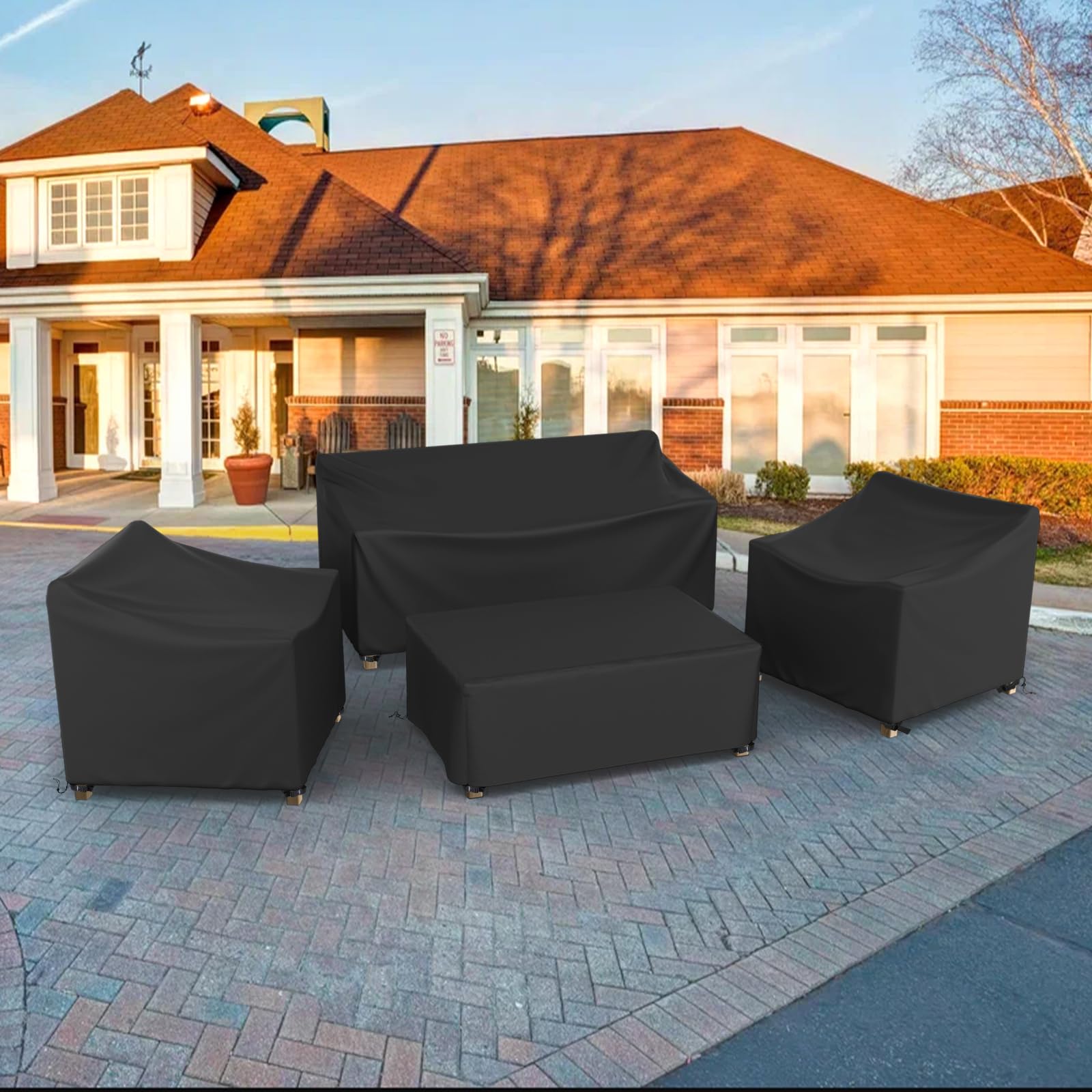 **600D Heavy Duty Waterproof Patio Furniture Cover Set - 4 Piece Outdoor Sectional Table & Chair Protection, Black (Large) - Perfect for Lawn, Garden & Backyard Use**