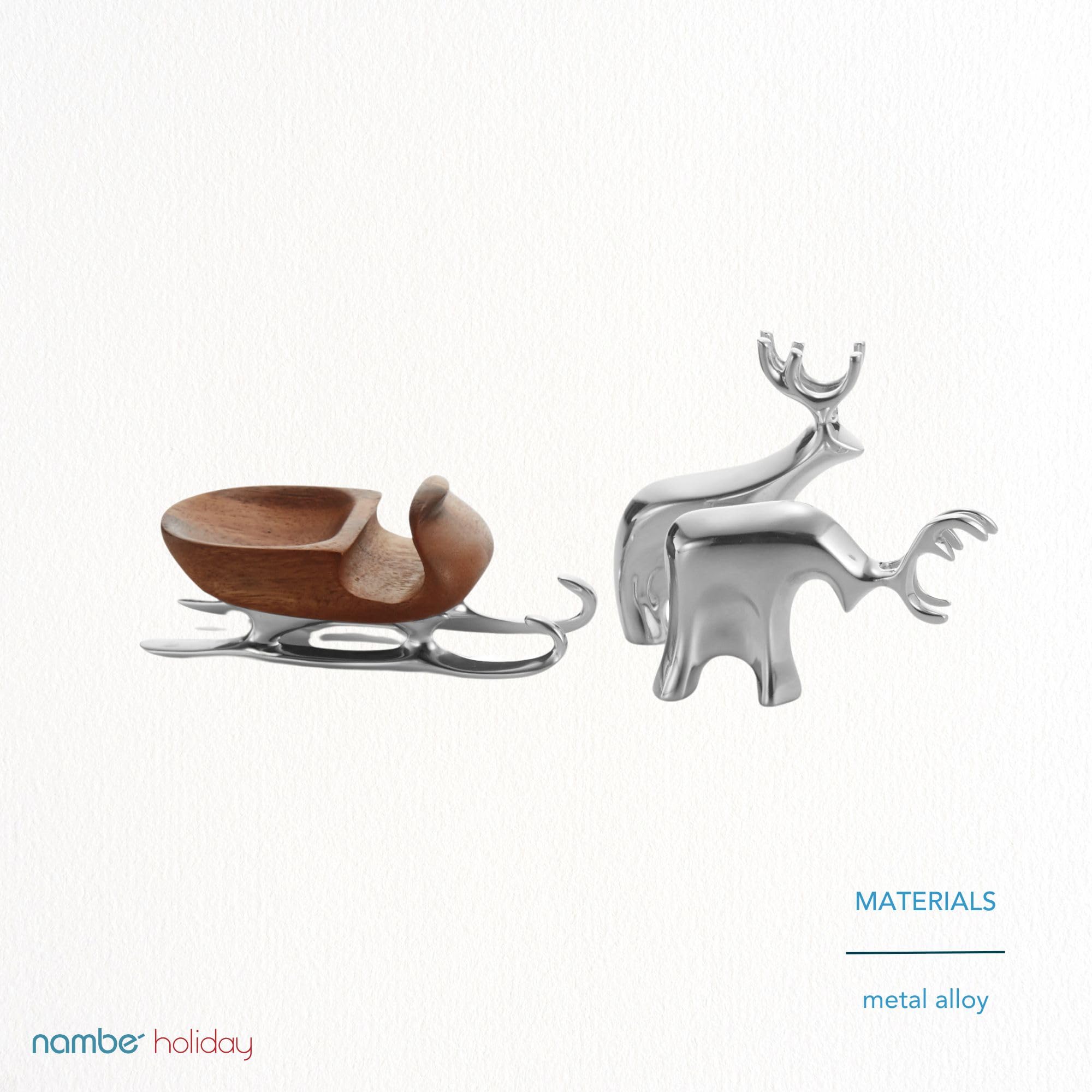 Nambe Christmas Sleigh with Reindeer Figurine Set - 3-Piece Metal Alloy & Acacia Wood Holiday Decor for Mantels, Tables, and Winter Wonderland Displays - Perfect for Christmas Home Decor, Gift Giving, and Seasonal Centerpieces