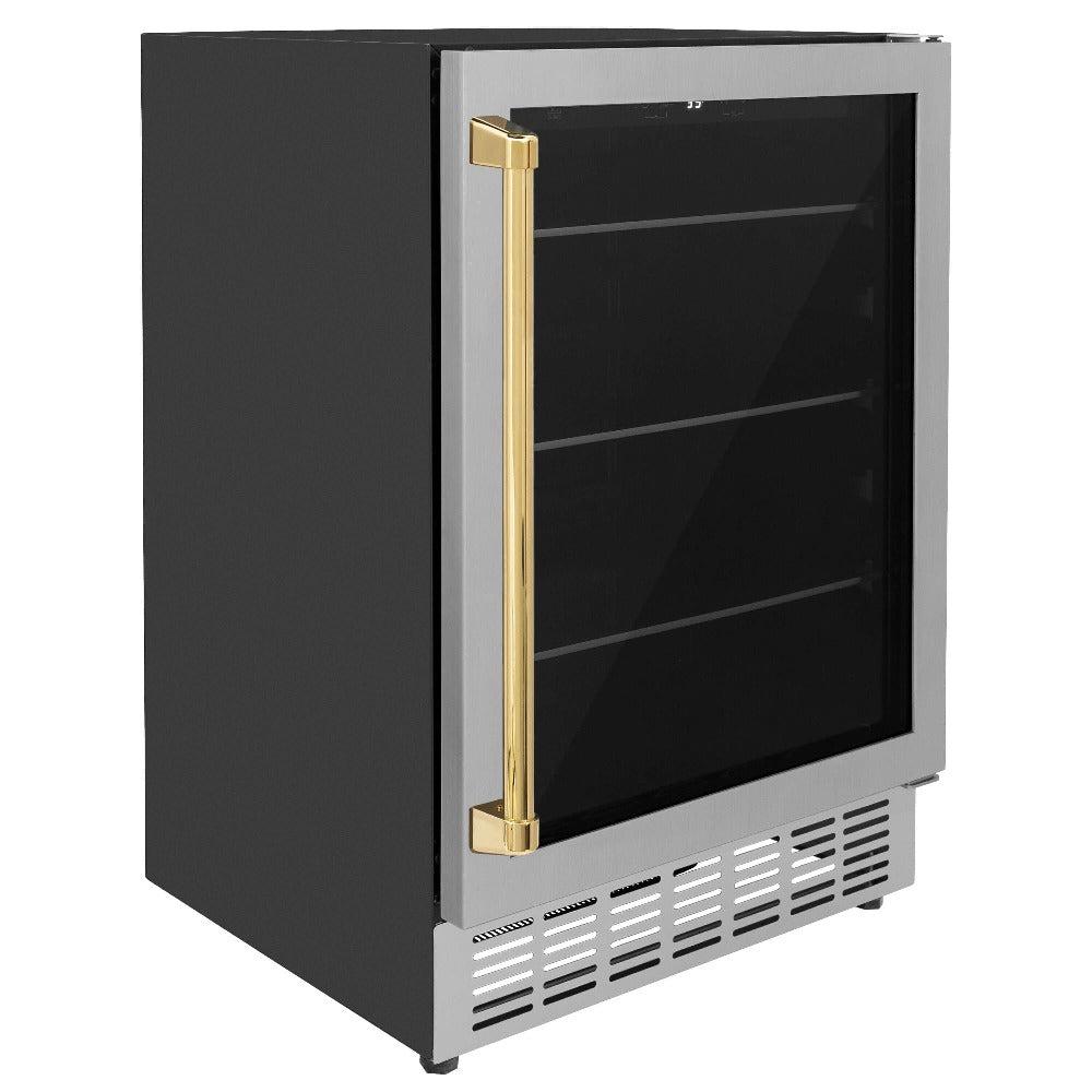 ZLINE Autograph Edition 24 Inch Stainless Steel Beverage Cooler with Polished Gold Accents - 154 Can Capacity (RBVZ US 24 G) | Perfect for Home Bars, Man Caves, and Entertaining Guests