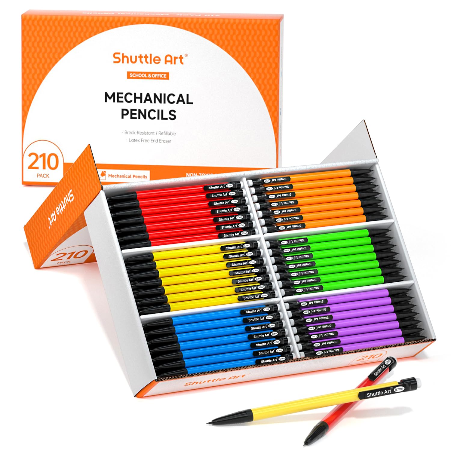 Shuttle Art 210 Pack 0.7mm Mechanical Pencils - HB #2 Lead, Assorted Colors Bulk Pencils for Office, School & Art - Perfect for Writing, Drawing, Note Taking & Exams