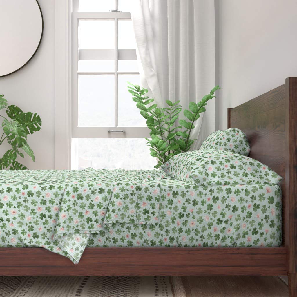 100% Cotton Queen 4-Piece Bed Sheet Set | Clover Floral Sea Green Watercolor Print | Shamrock Irish Design | Custom Bedding for Home Decor & Guest Room