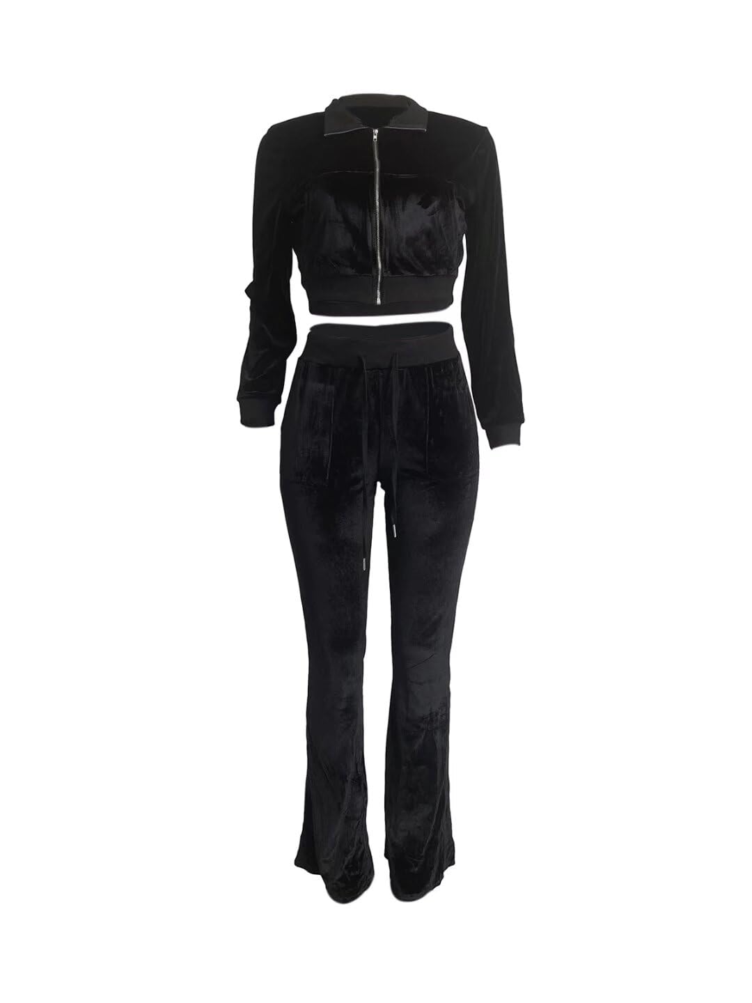Women's 2-Piece Velour Tracksuit Set - Crop Jacket & Flare Pants | Lounge Wear, Gym Outfits & Street Style Fashion for Comfort & Style