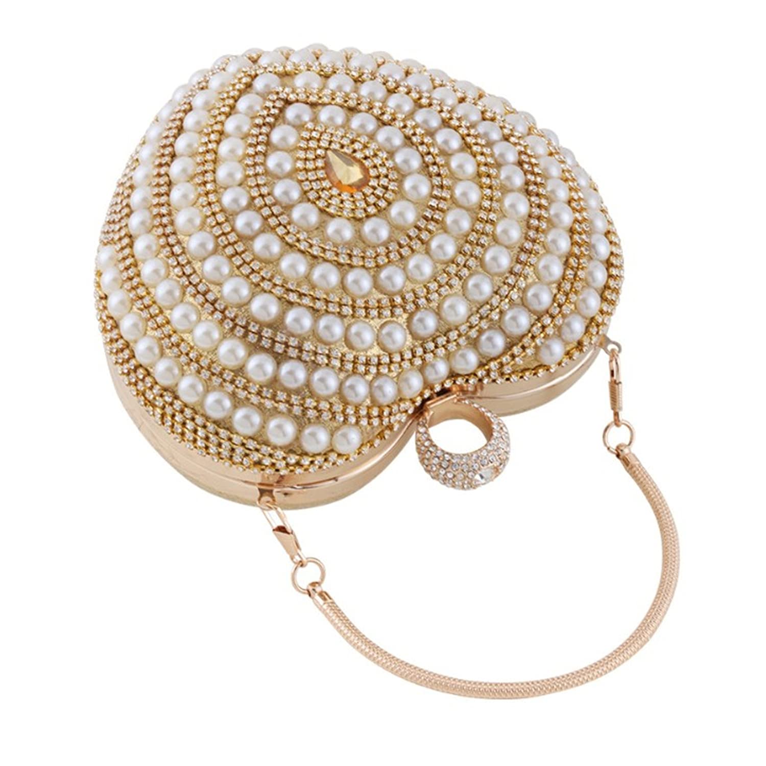 Elegant Women's Pearl Heart-Shaped Evening Clutch Purse with Dazzling Crystals - Wedding, Prom, Party Crossbody Shoulder Bag for Special Occasions