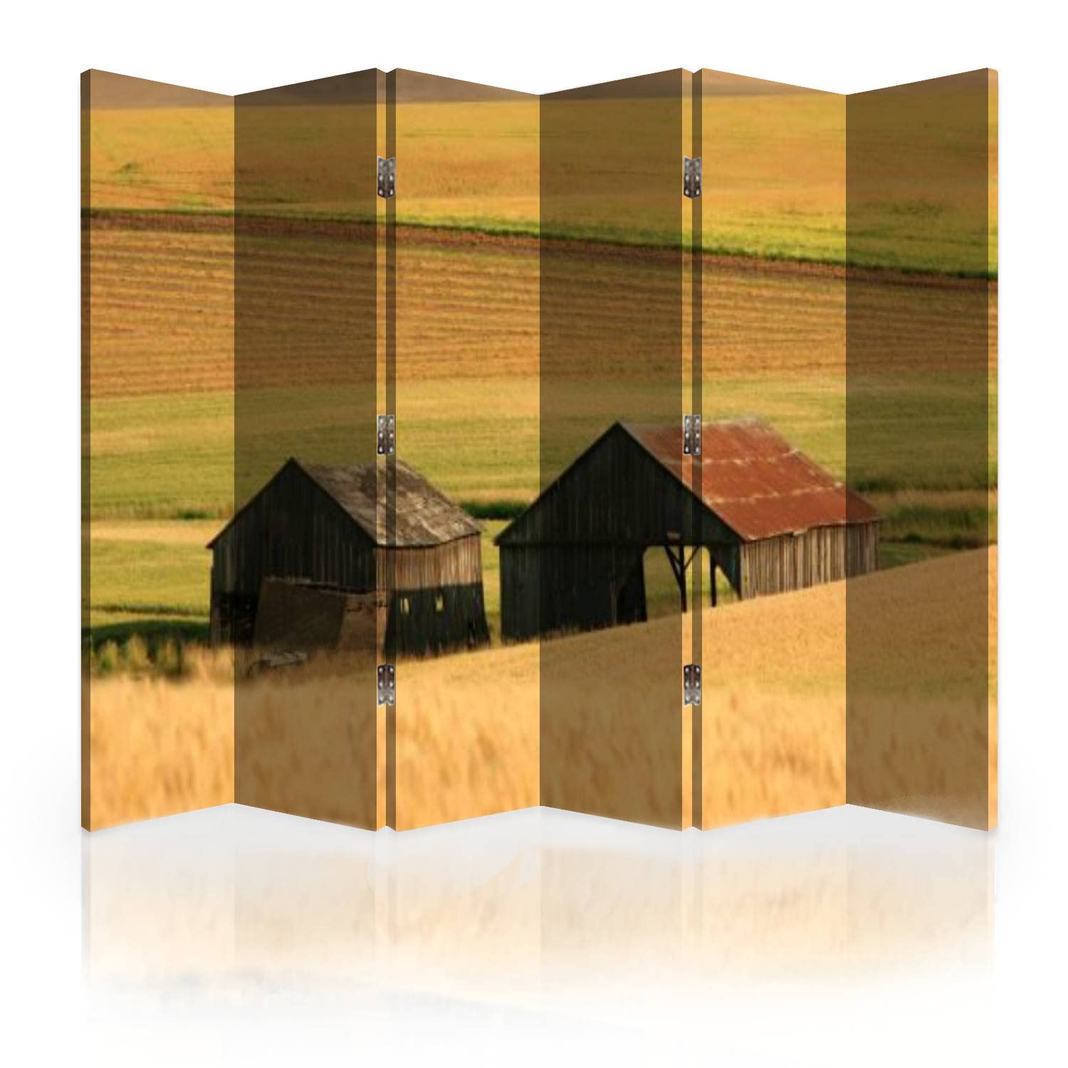 Vintage Canvas Room Divider Screen - 6 Panel Folding Privacy Partition with Old Barns Design - Perfect for Home Office, Bedroom Separation & Studio Spaces