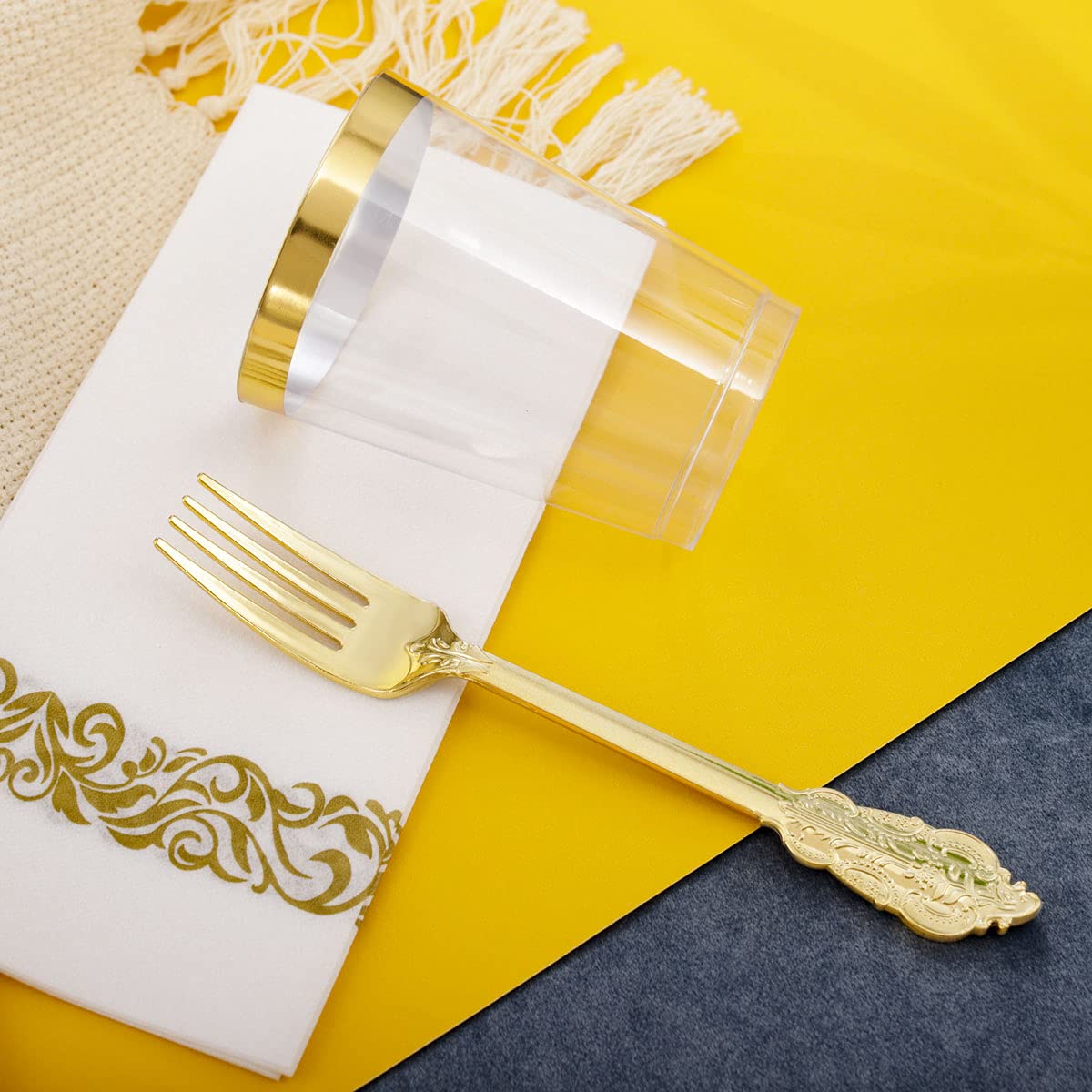 48-Pack 7oz Gold Glitter Plastic Dessert Cups with Spoons - Disposable Gold Party Plates, Silverware & Cups for Birthday, Wedding, Baby Shower & Holiday Events