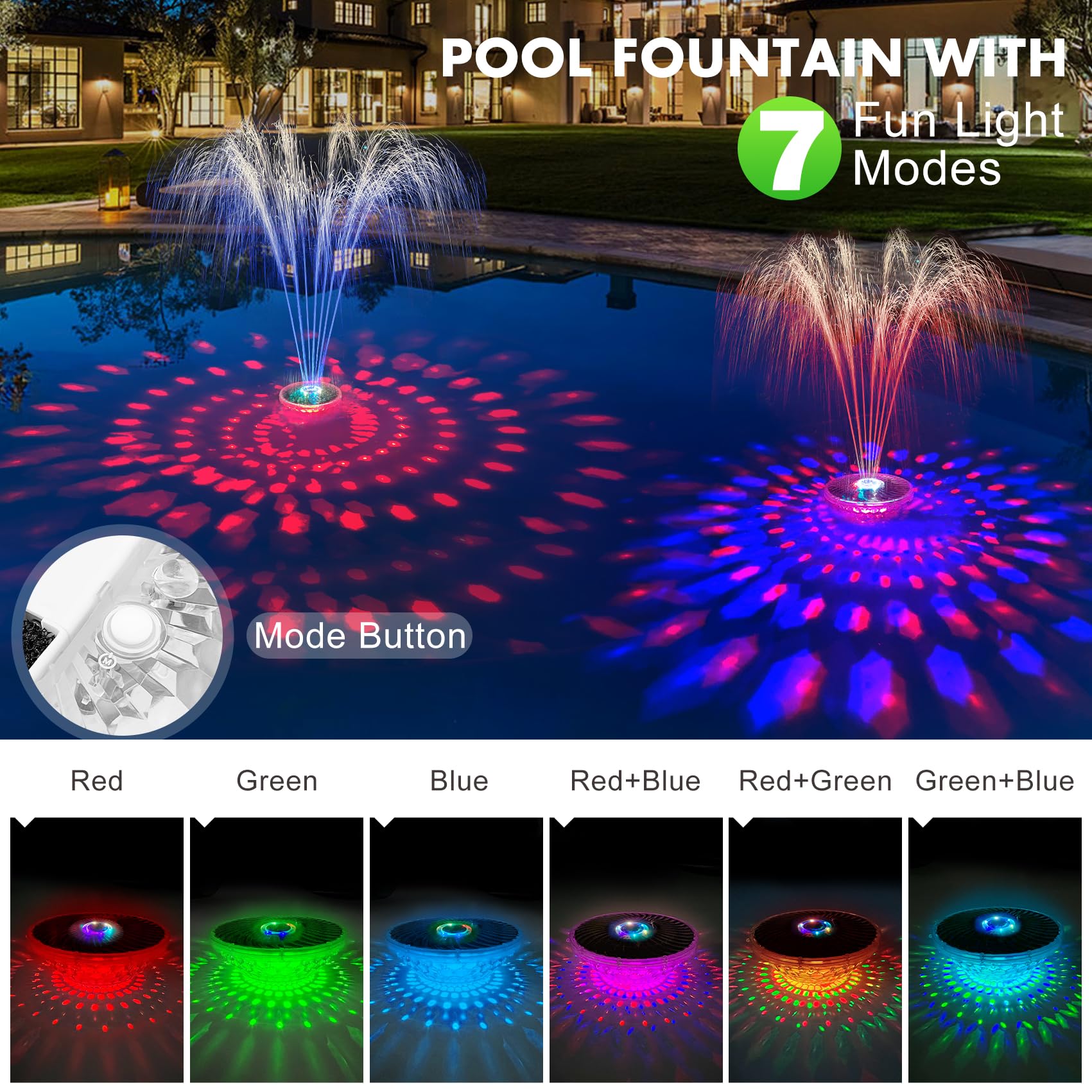 DeeprBetter Solar Pool Fountain with LED Lights - High Efficiency Solar Powered Floating Water Fountain Pump for Above Ground Pools - Blue Solar Pool Waterfall & Sprinkler - Perfect for Backyard, Garden & Patio Decor