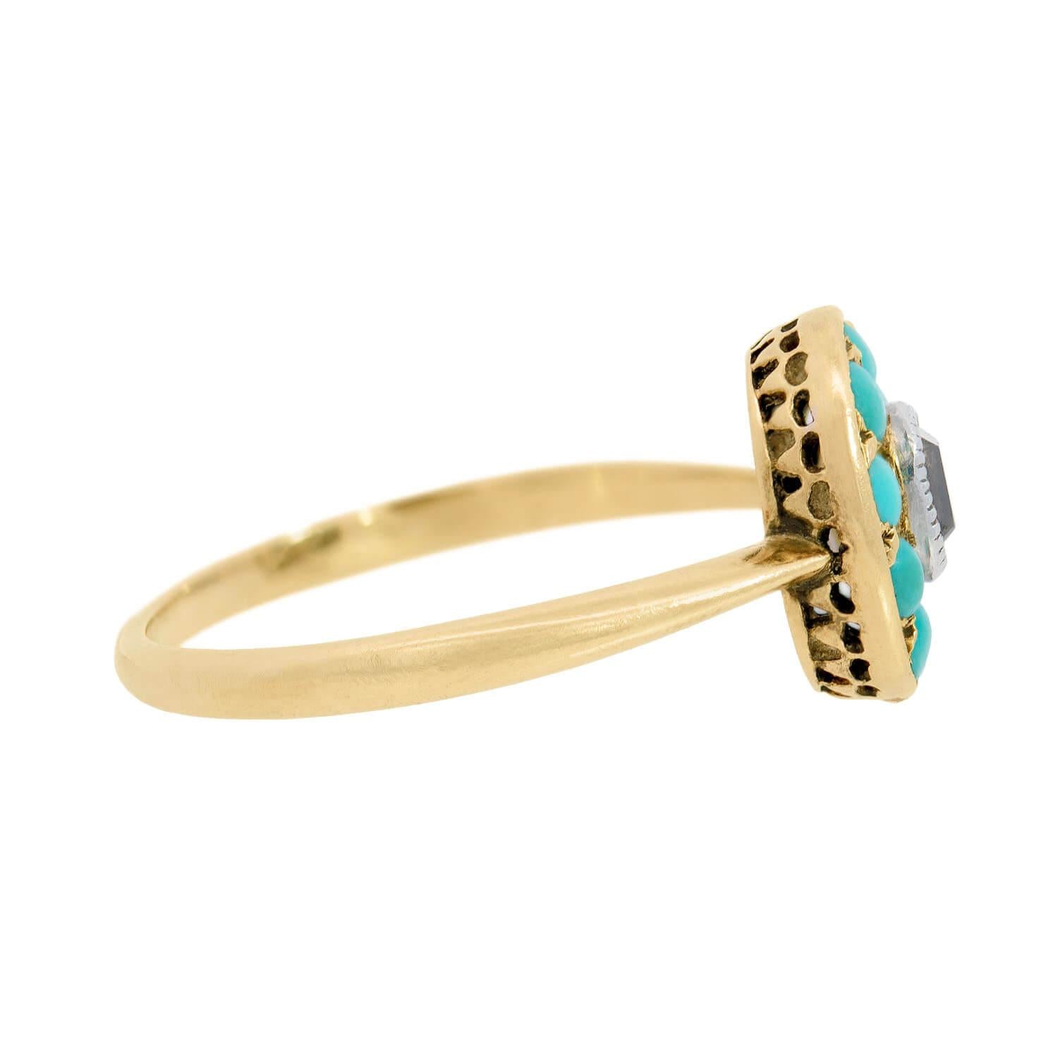 Antique Early Victorian 18K Gold Turquoise and Diamond Cluster Ring - Vintage Jewelry for Women, Bridal Gift, Special Occasion Wear