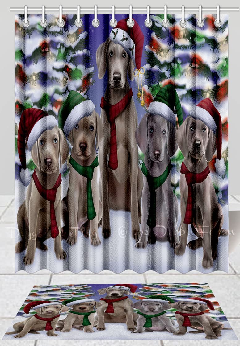 Christmas Family Portrait Weimaraner Dogs Shower Curtain & Bath Mat Set - Anti-Slip Bathroom Decor, Plush Rug, Polyester Bathtub Curtain with Hooks (16''x28'' Bath Mat, 48