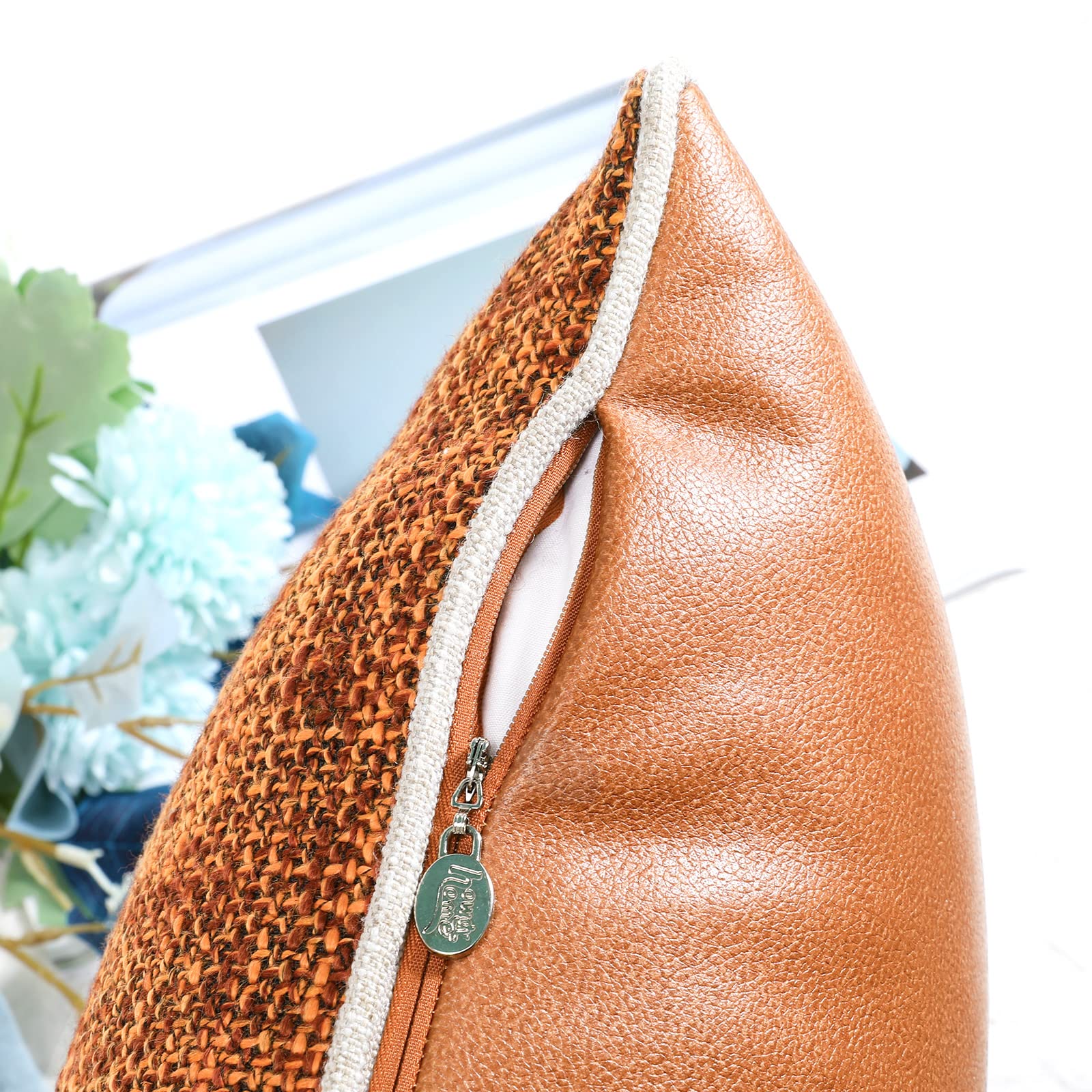 2 Pack 12x20 Inch Orange Linen & Brown Faux Leather Patchwork Lumbar Pillow Covers - Farmhouse Modern Decorative Throw Pillow Cases for Couch, Bed, Sofa, Chair - Perfect for Living Room, Bedroom & Home Decor