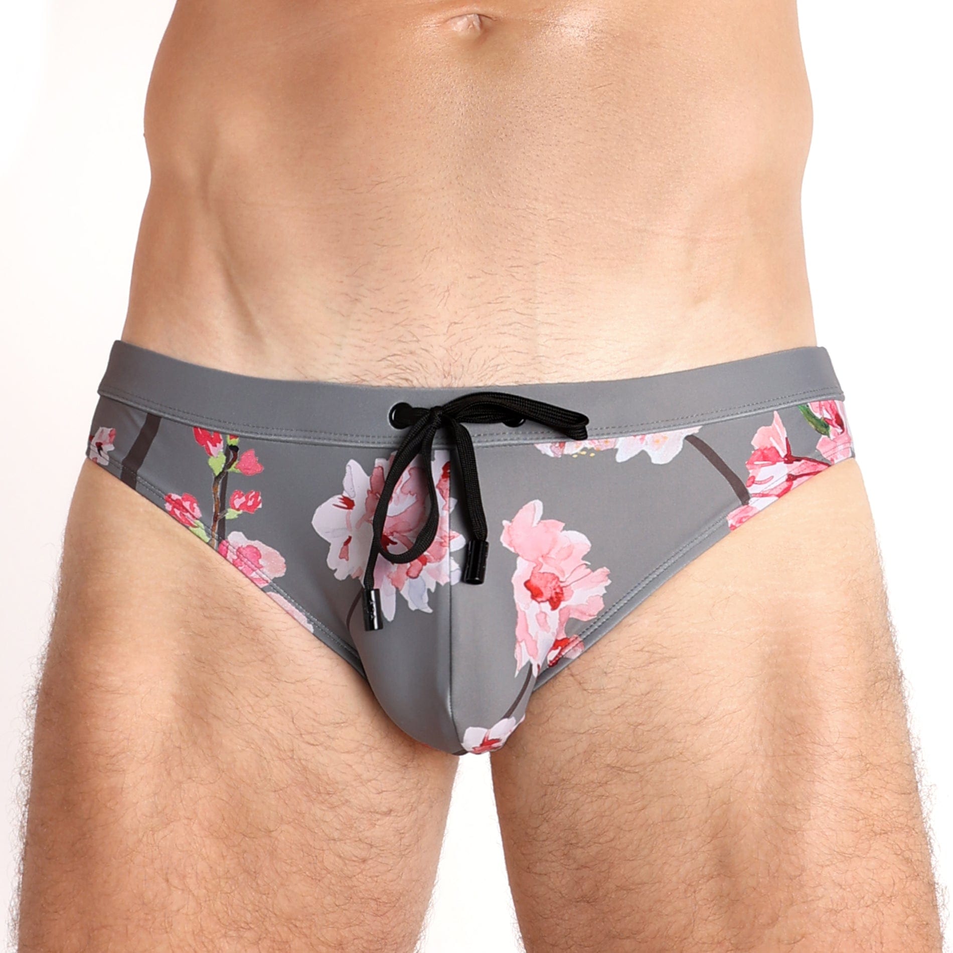 Cherry Blossom Grey Swim Briefs for Men - Quick Dry Comfortable Swim Trunks - Perfect for Beach, Pool, and Summer Vacation