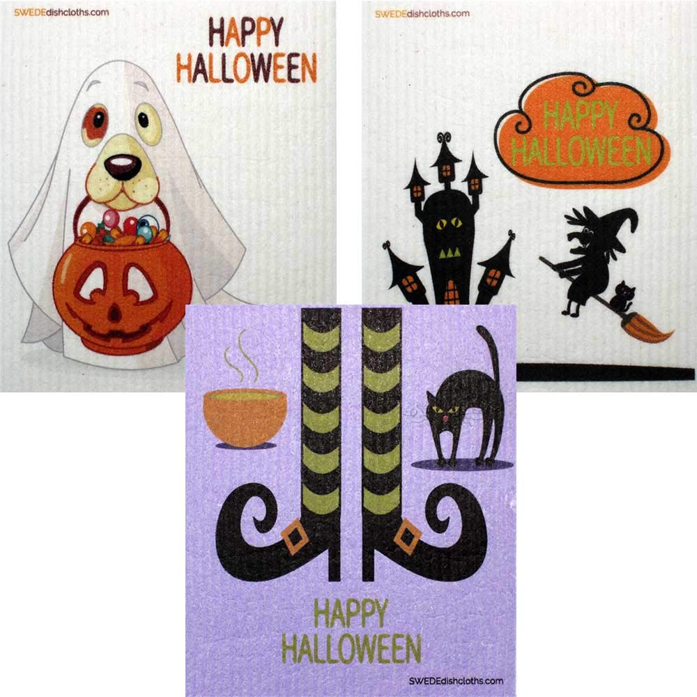 Halloween Swedish Dishcloths Set of 3 - Eco-Friendly, Absorbent & Reusable Cleaning Cloths (3 Unique Designs) | Perfect for Kitchen Cleaning, Dish Drying & Holiday Decor