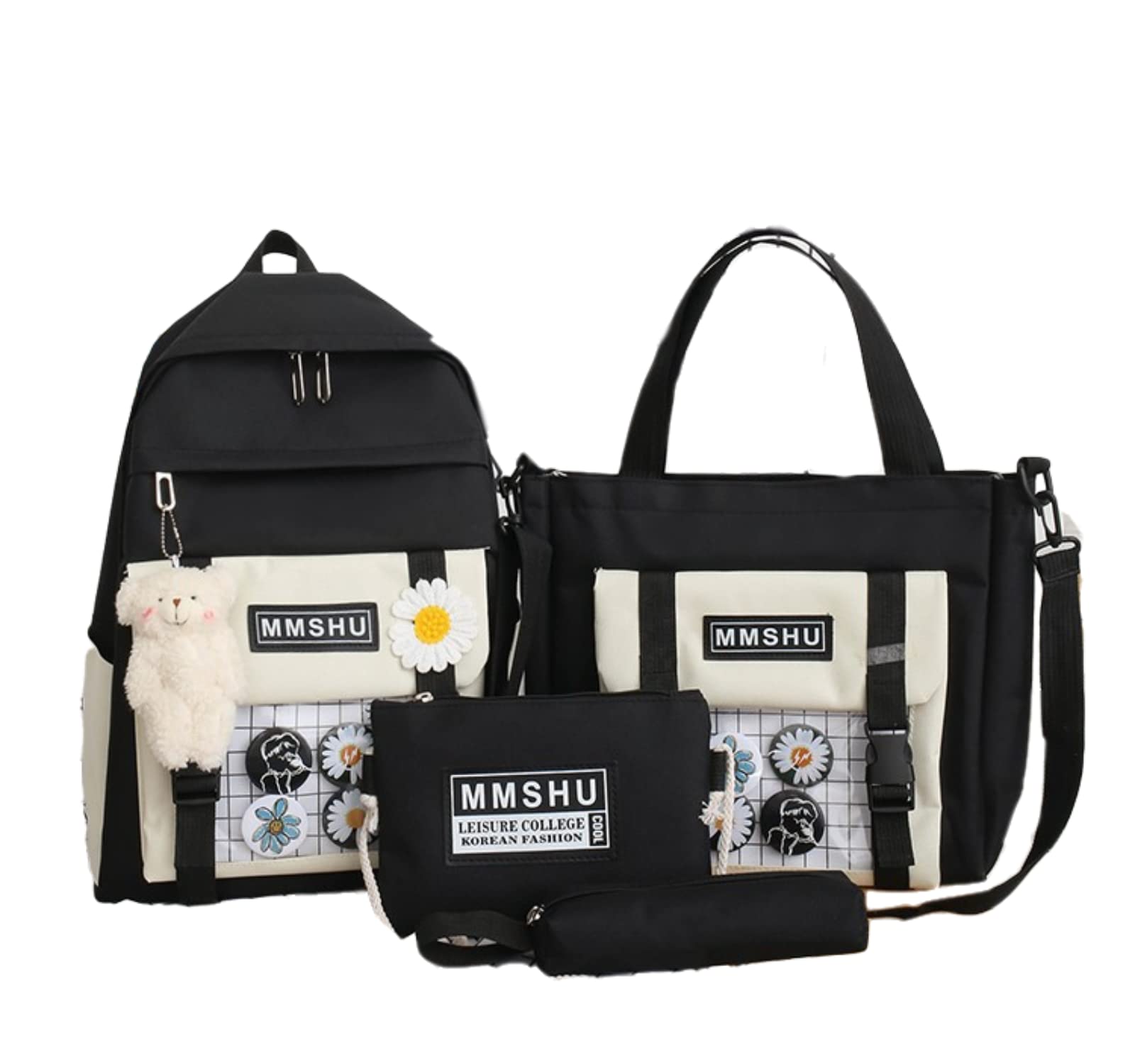4Pcs Cute Bear Canvas Backpack Set - Kawaii School Backpack with Pendant Handle, Shoulder Tote & Laptop Bag for Students | Perfect for School, College, Travel & Daily Use