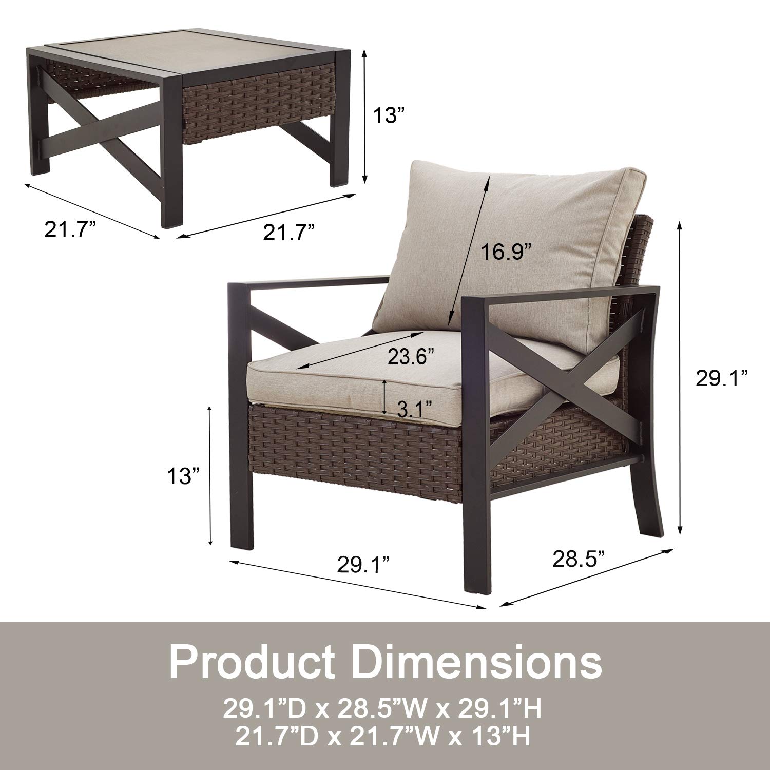 PatioFestival 3-Piece Wicker Rattan Bistro Set - Outdoor Steel Frame Conversation Furniture with 2 Cushioned Chairs & Coffee Table - Perfect for Backyard, Garden, Poolside, Lawn or Patio Relaxation