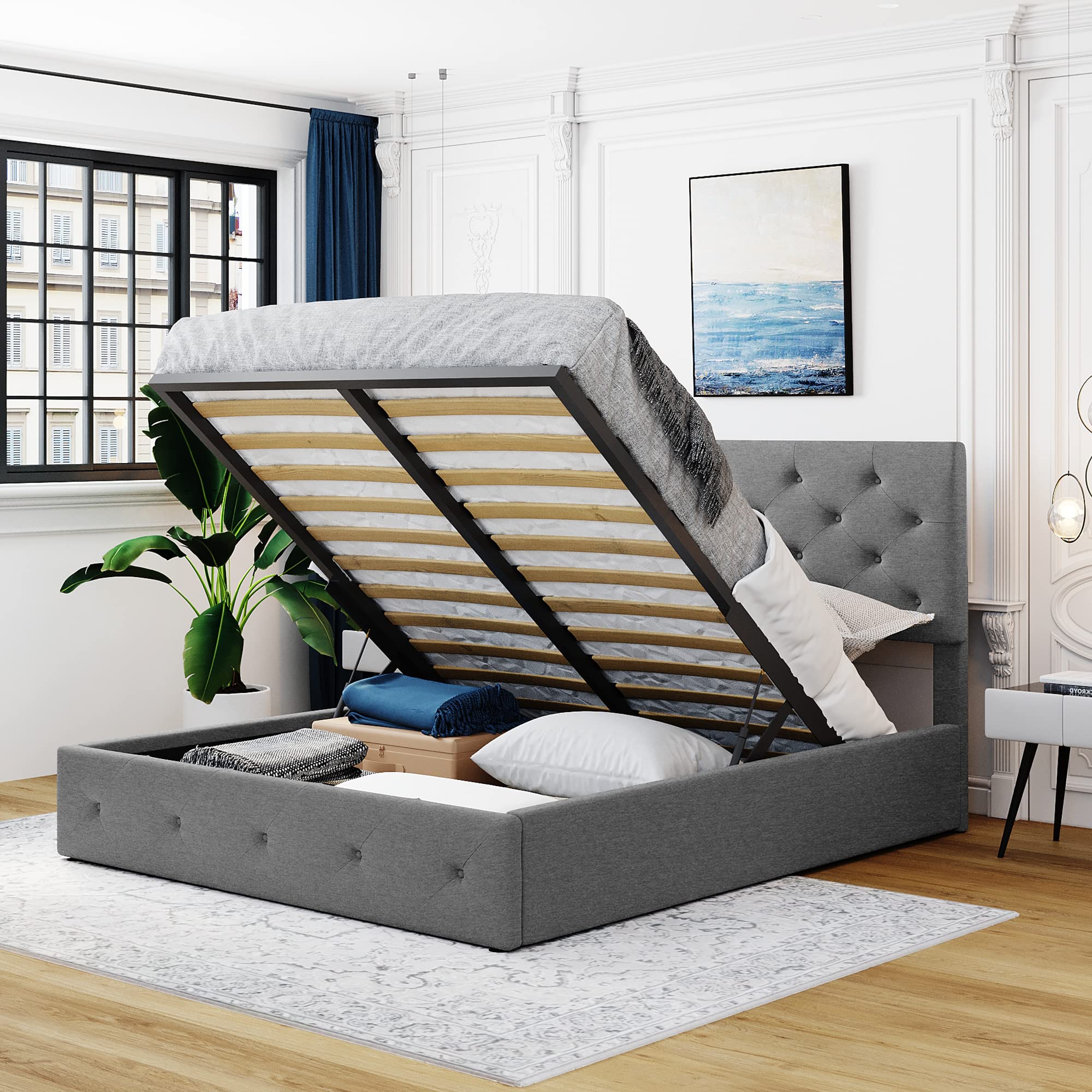 Merax Queen Size Upholstered Platform Bed Frame with Hydraulic Storage & Button Tufted Headboard - Grey Wooden Bed for Master Bedroom, Guest Room & Small Space Solutions