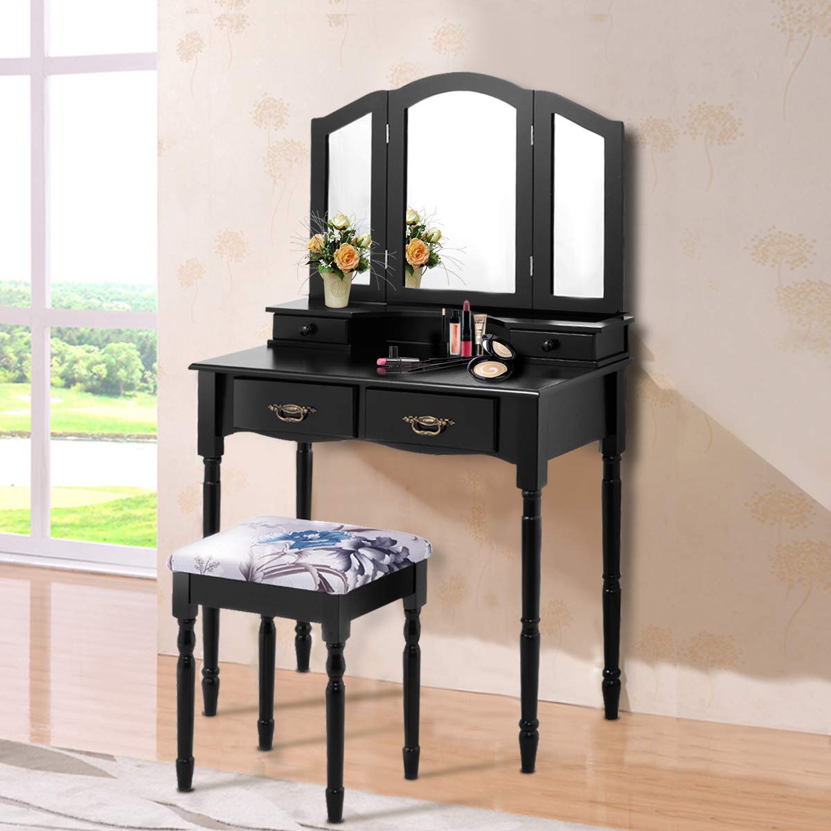 GOFLAME Vanity Table Set with Tri-Folding Mirror, 4 Drawers & Spacious Tabletop - Detachable Makeup Dressing Table with Cushioned Stool for Bedroom (Black) | Perfect Makeup Organizer for Small Spaces & Beauty Routine