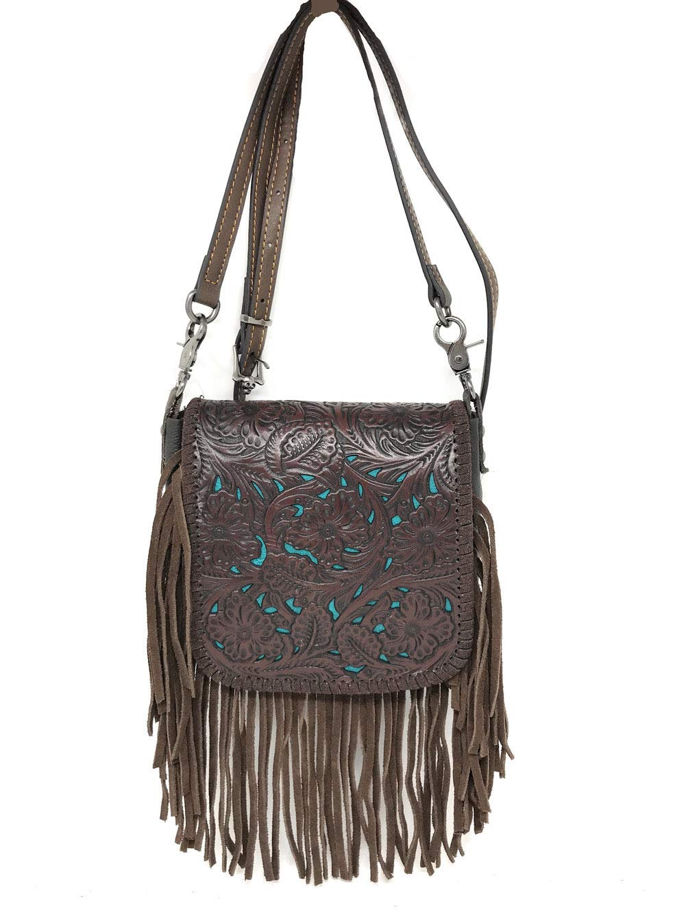 Genuine Leather Floral Tooled Fringe Crossbody Bag for Women - Western Style Handbag in 3 Colors | Perfect for Casual Outings, Music Festivals & Boho Fashion