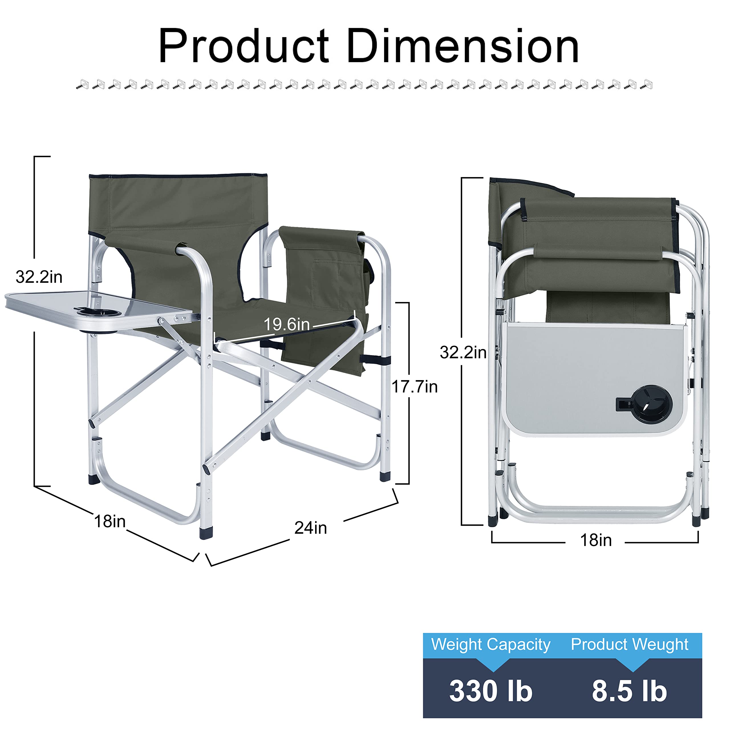 ABCCANOPY Folding Directors Chair - Portable Outdoor Camping Chair with Side Table & Storage Pockets - Perfect for Beach, Picnic, Backyard, and Makeup Artist Use - Dark Gray