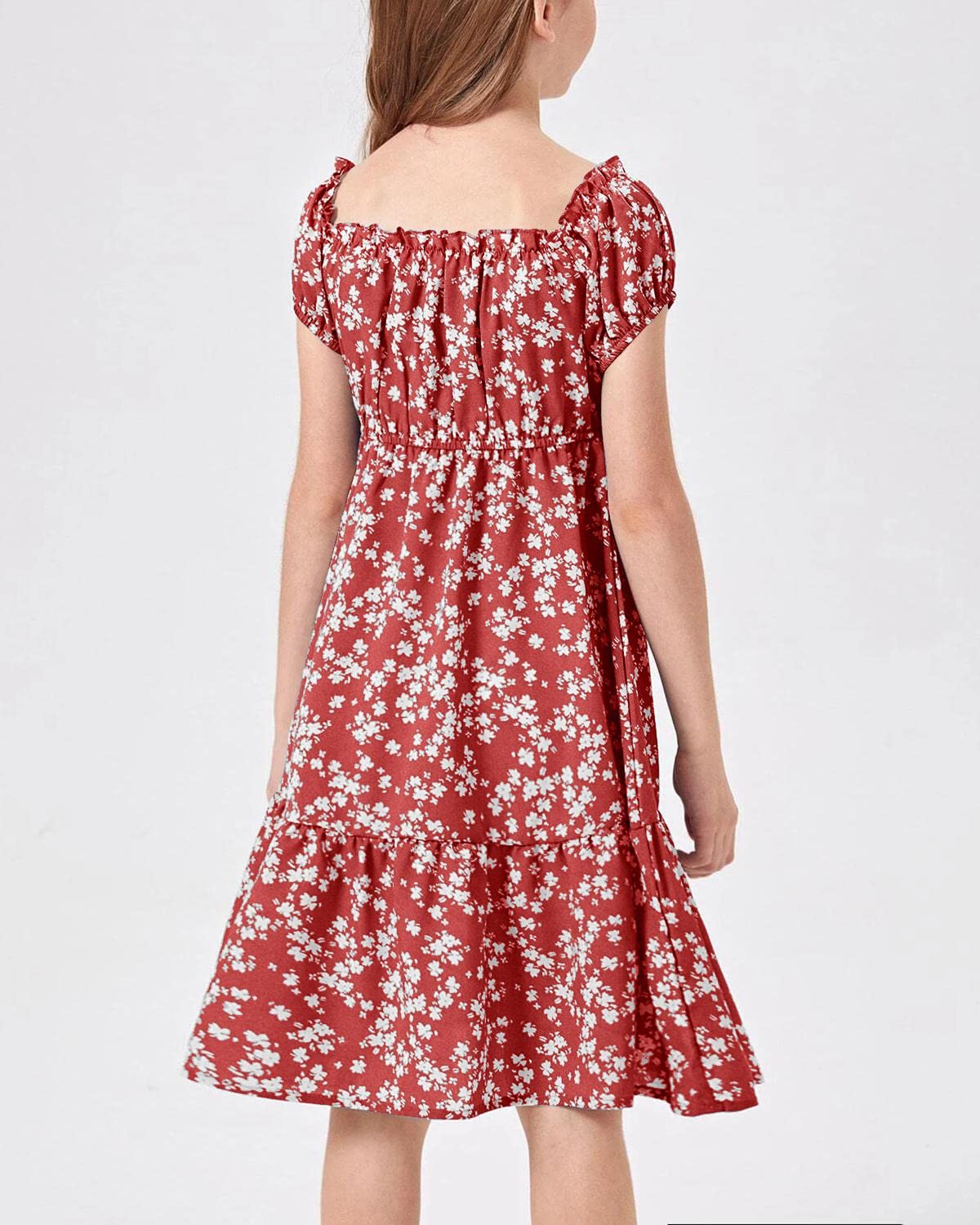 **Girls Summer Floral Dress - Square Neck Puff Sleeve A-Line Midi Dress for Kids | Perfect for Beach, Party & Casual Outings**