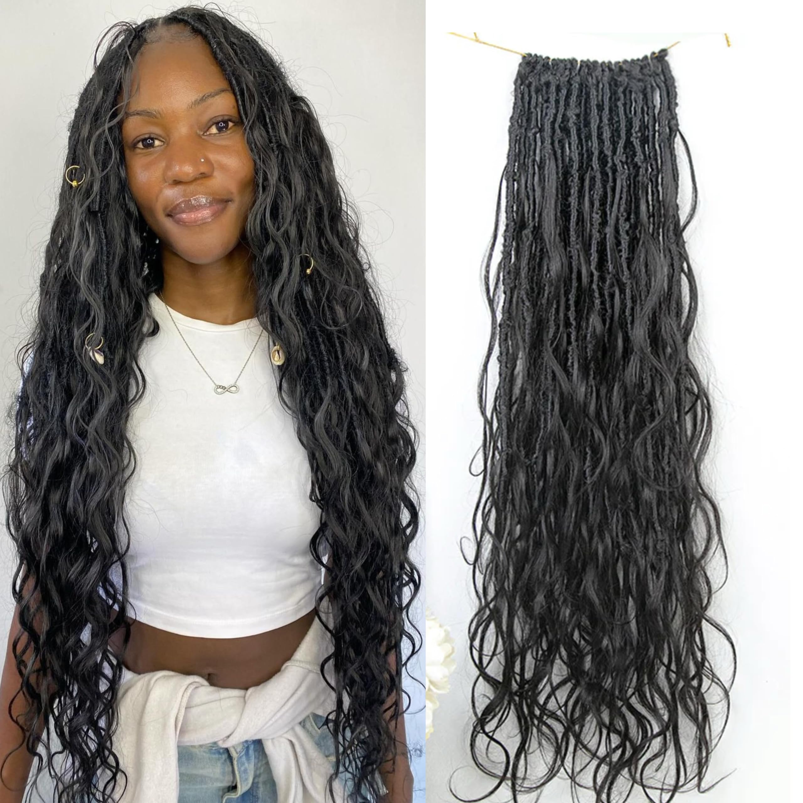 Boho Faux Locs Crochet Braiding Hair - 22 Inch Human Hair Extensions with Loose Wave Curls & Full Ends (48 Strands, Natural Color) for Black Women - Perfect for Protective Styling, Weddings & Everyday Wear