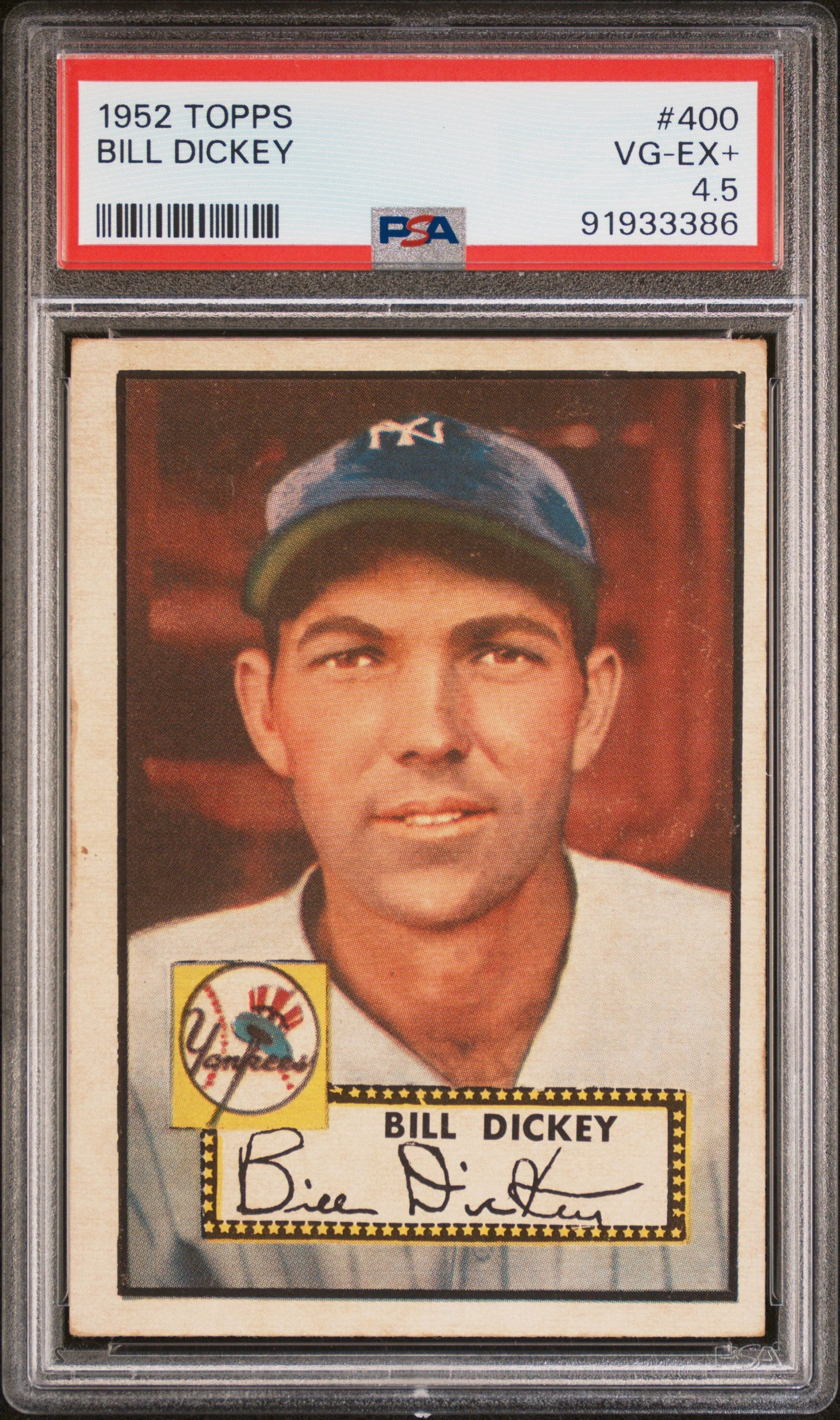 1952 TOPPS #400 BILL DICKEY PSA 4.5 Very Good Excellent Vintage Baseball Card - High Series Rare Pop 10 - Perfect for Collectors & Sports Memorabilia Enthusiasts