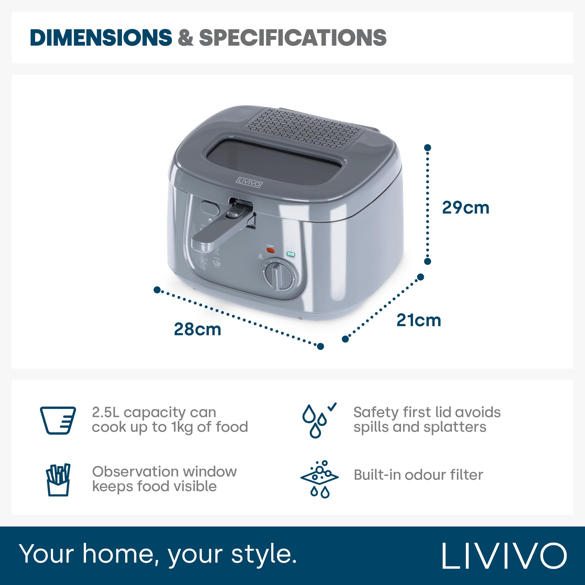 LIVIVO 2.5L Electric Deep Fryer with Non-Stick Coating, Mesh Basket & Safety Handle - Countertop Oil Fryer with Viewing Window for Easy Cleaning (White/Grey) - Perfect for Home Kitchen, Restaurants & Fast Food Shops