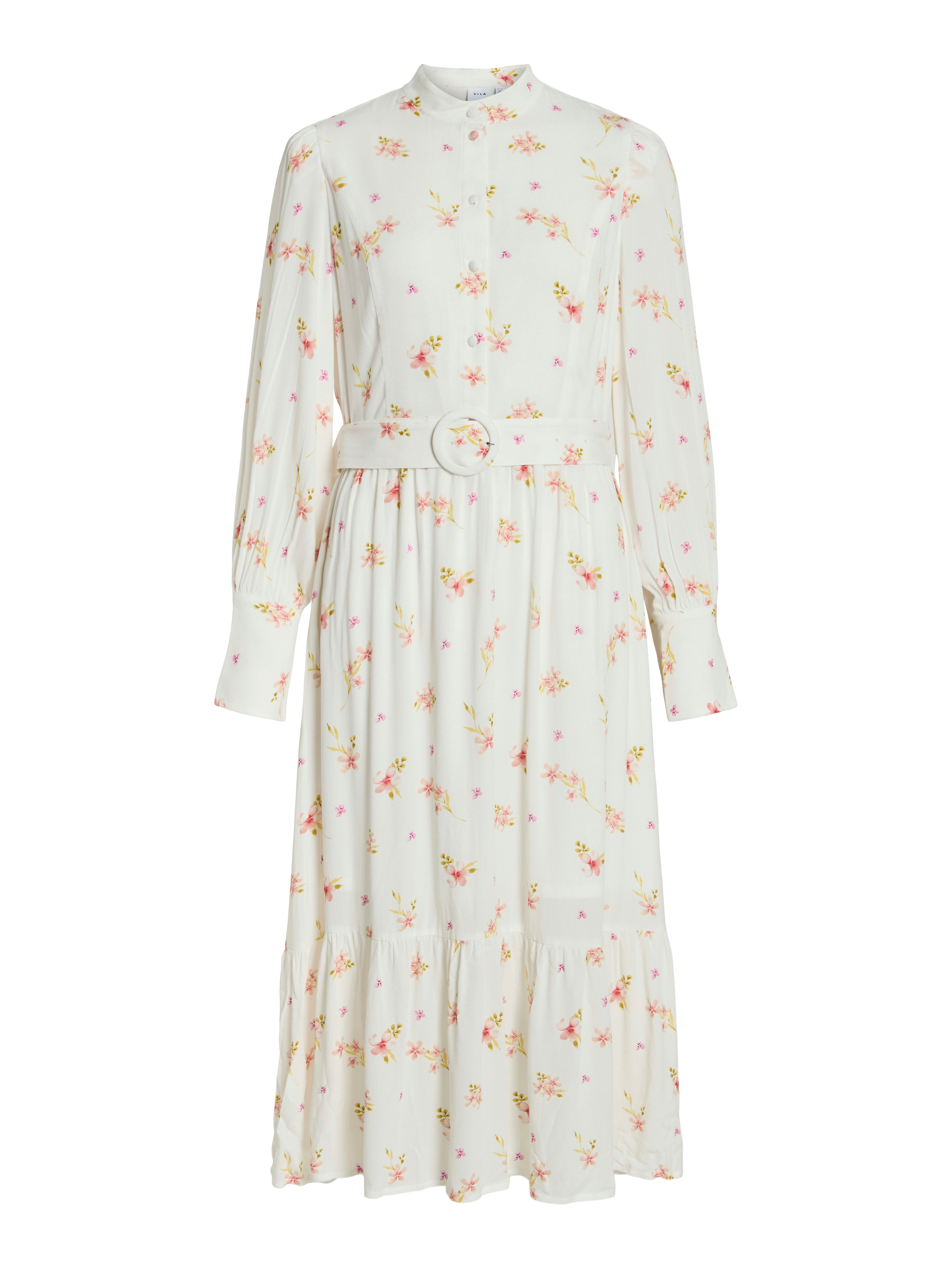 Nella Long Sleeve Midi Dress - Floral Print, Lightweight Fabric, Women's Casual & Party Wear (Birch/Light Flower) | Perfect for Office, Date Night & Spring Outfits