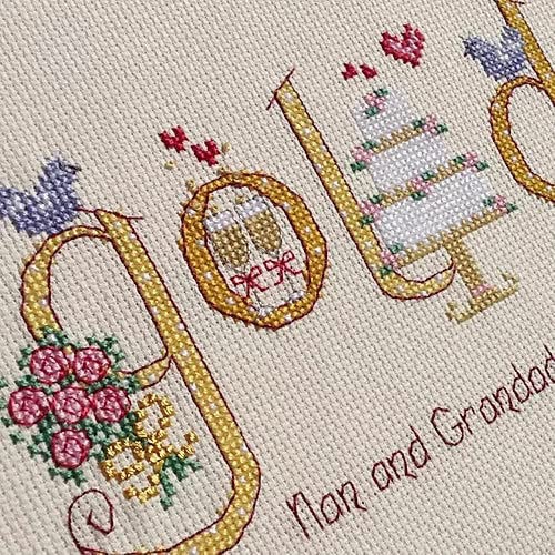 Golden Wedding Anniversary Cross Stitch Kit - NIA Word Sampler Embroidery Set for 50th Anniversary Gifts, DIY Home Decor & Keepsake