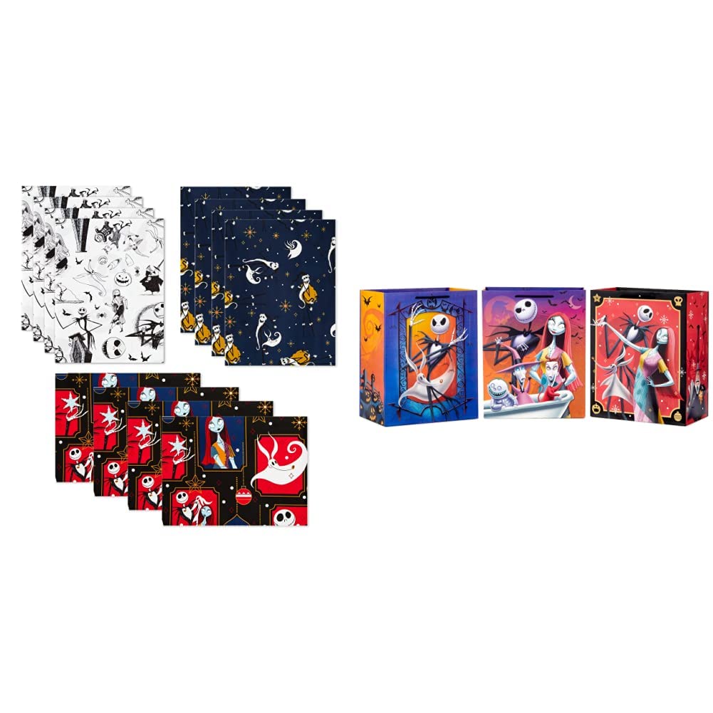 Hallmark Nightmare Before Christmas Wrapping Paper & Gift Bags Set - 12 Sheets & 3 Bags for Halloween, Christmas, Birthday Gifts - Perfect for Holiday Parties, Gift Exchanges & Themed Celebrations