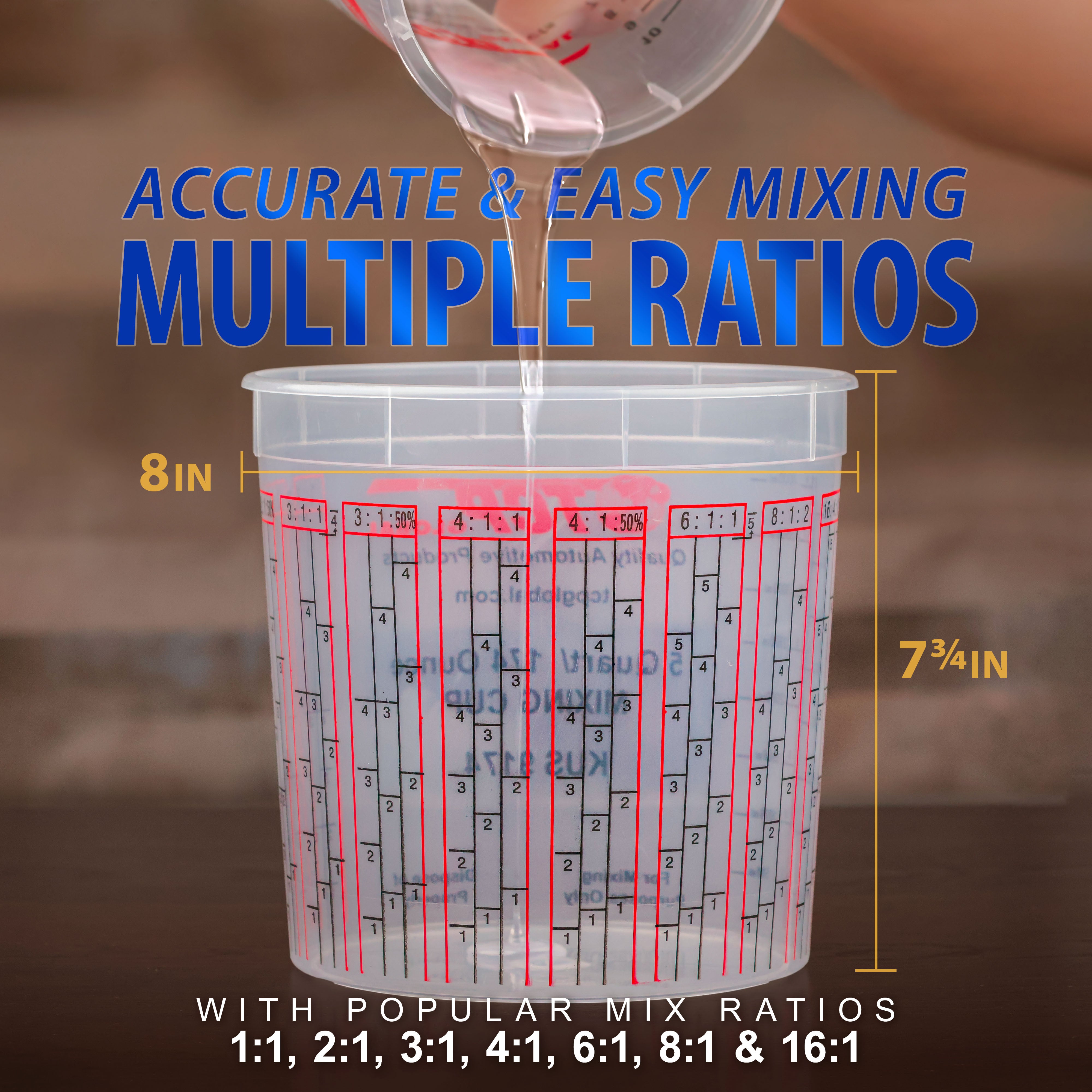 5 Quart Paint Mixing Cups (48 Pack) - Plastic Measuring Cups for Liquids, Automotive Painting, Epoxy Resin, Acrylic Arts & Crafts - Disposable or Reusable Graduated Mixing Cups with Ratio Markings - Perfect for DIY Projects, Home Renovation & Professional Auto Body Work