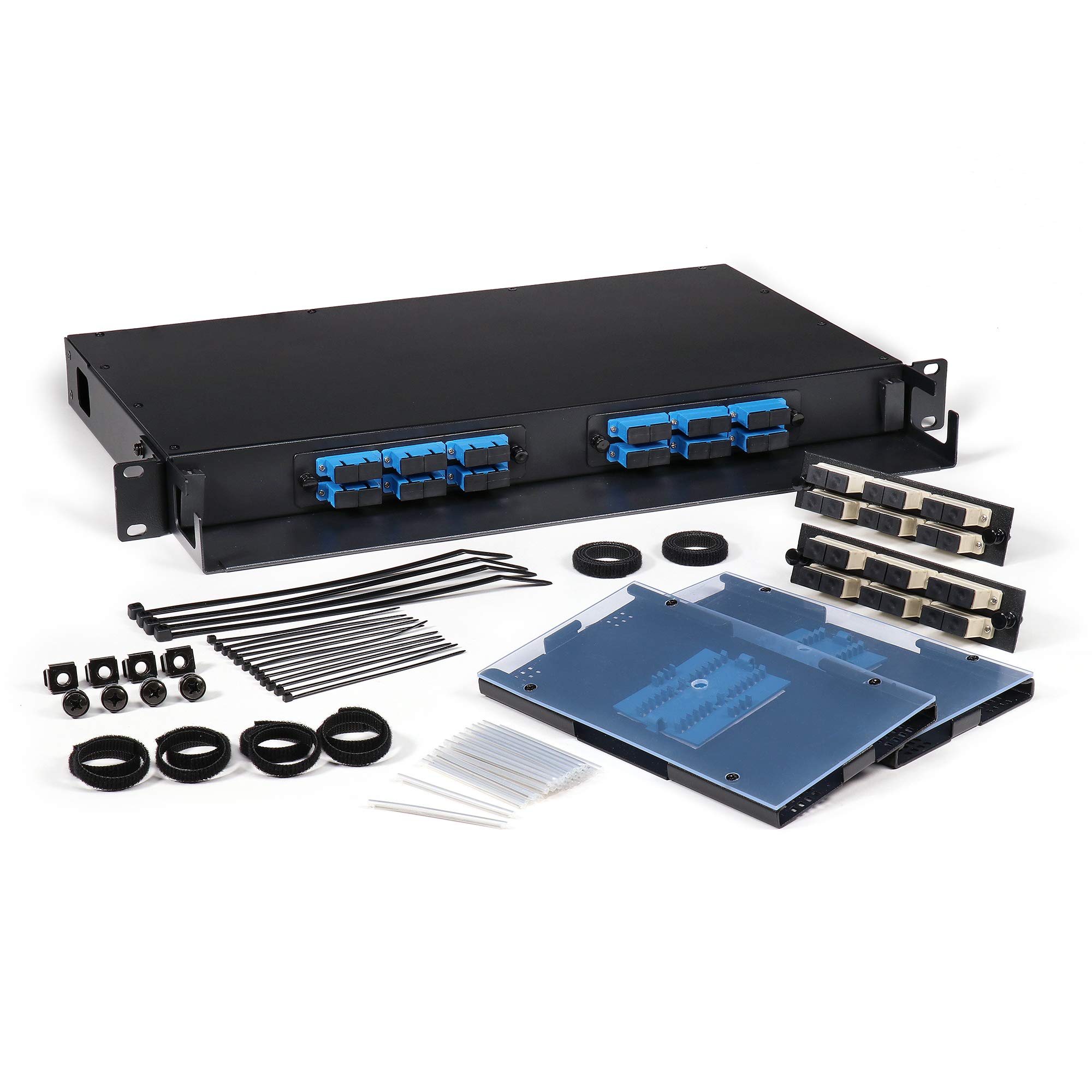 1U Rack Mount Fiber Optic Patch Panel with 2 SC Singlemode & 2 SC Multimode Adapter Plates - Includes Splice Trays for Up to 24 Fibers - Ideal for Data Centers, Server Rooms & Network Installations