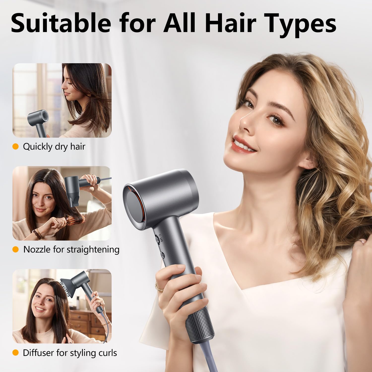 Professional 160,000 RPM High-Speed Hair Dryer with 500 Million Negative Ions - Fast Drying, Low Noise & Thermo-Control - Includes Magnetic Diffuser & Nozzle (Gray) - Perfect for Salon, Home & Travel Use