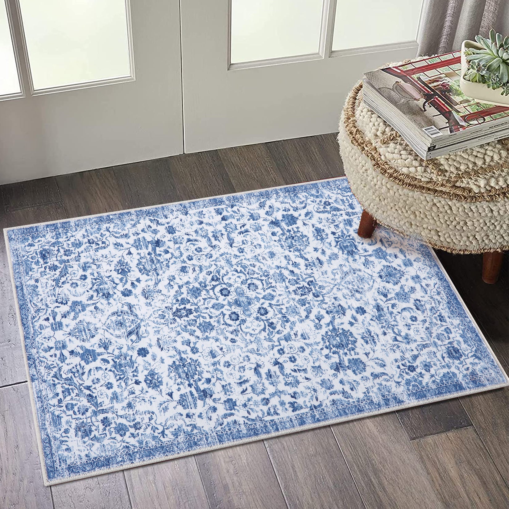 GARVEE 2x3 Feet Non-Slip Washable Entry Rug - Boho Floral Design Indoor/Outdoor Doormat for Bedroom, Bathroom, Living Room - Stain Resistant & Machine Washable - Perfect for High Traffic Areas (Blue)