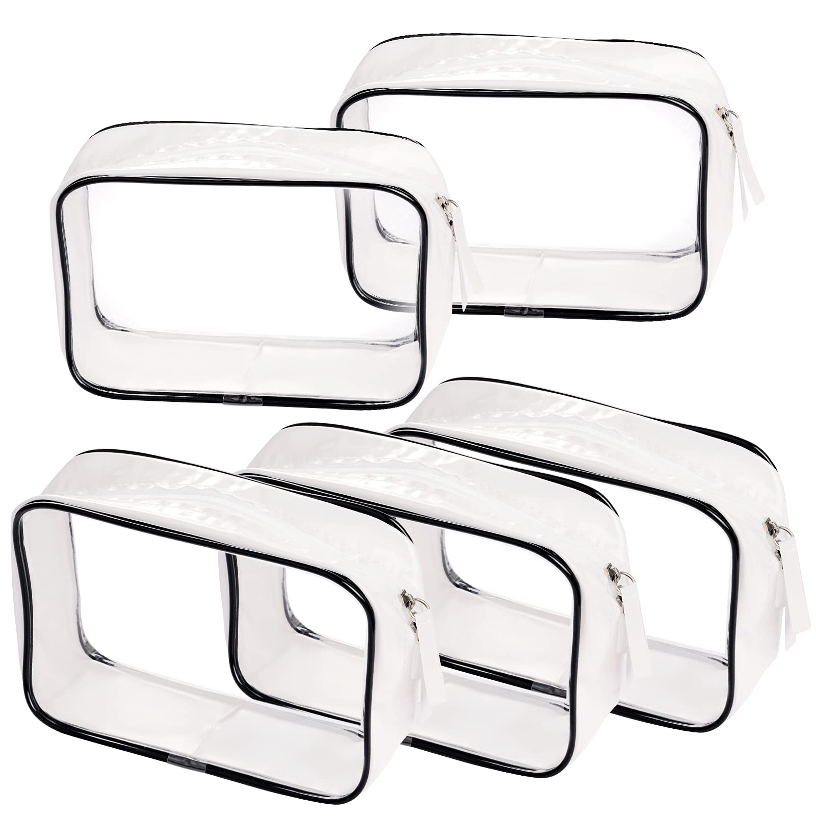 5-Pack Clear TSA Approved Makeup Bags - Waterproof PVC Zippered Toiletry Pouch for Travel, Bathroom & Cosmetics Organization (Medium, White/Black) | Perfect for Airports, Gym Showers & Daily Essentials Storage