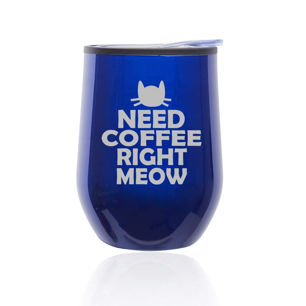 Insulated Stemless Wine Tumbler & Coffee Travel Mug with Lid - Leakproof Glass Cup for Hot/Cold Drinks - Funny Cat Design 'Need Coffee Right Meow' (Blue) - Perfect for Office, Commuting & Outdoor Activities