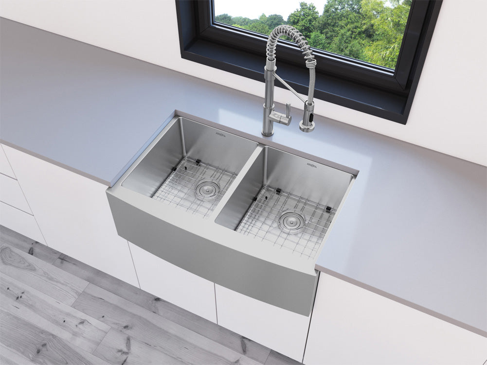 Prestige Series Farmhouse Apron Undermount Stainless Steel 33-Inch 50/50 Double Bowl Kitchen Sink with Grid & Strainer - Perfect for Rustic Kitchens, Food Prep, and Dishwashing
